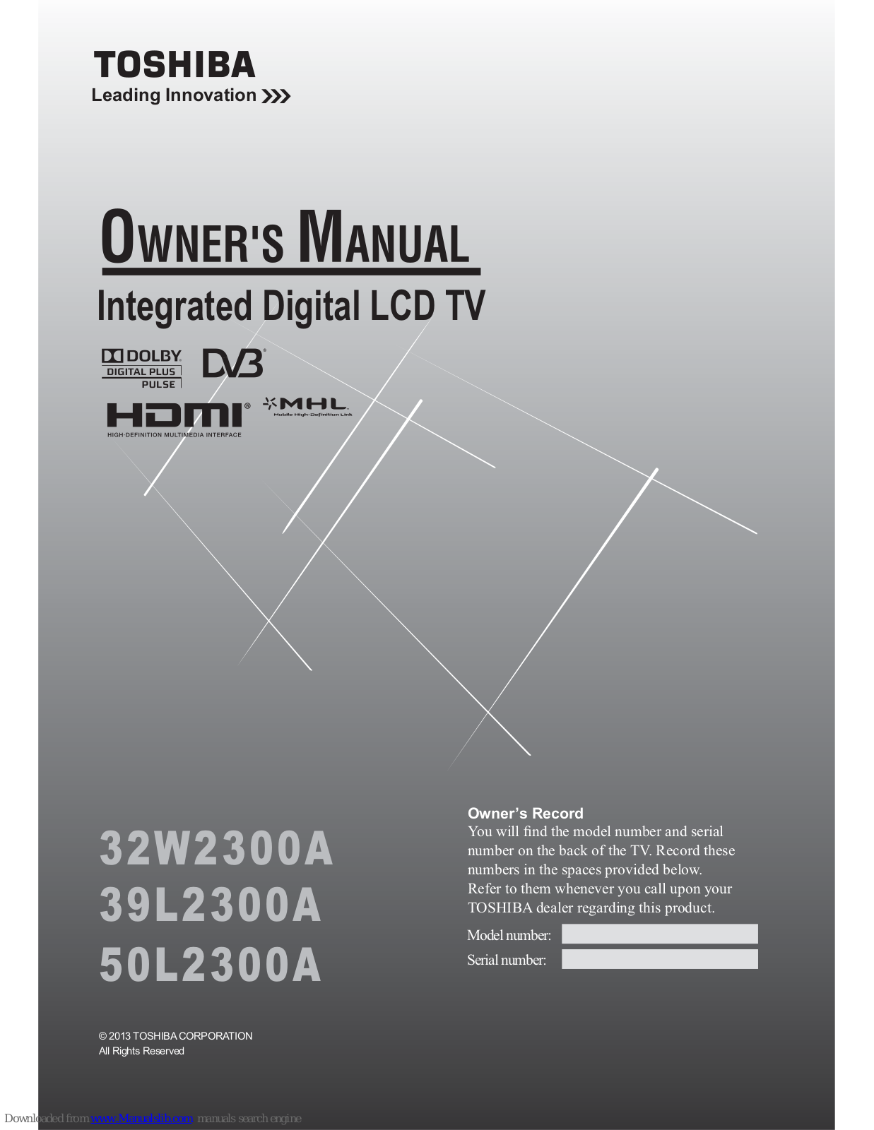 Toshiba 32W2300A, 50L2300A, 39L2300A Owner's Manual