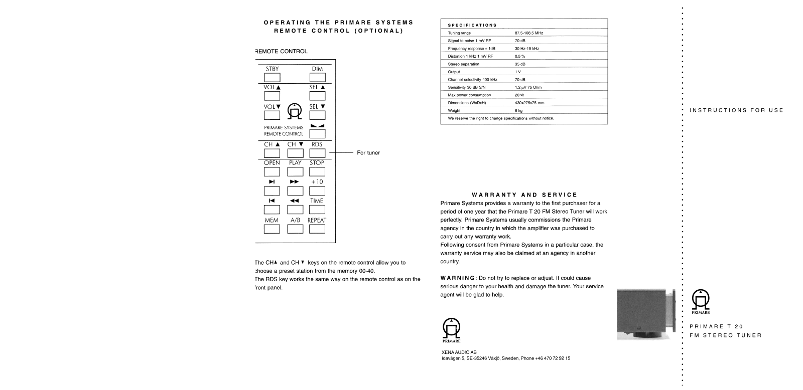 Primare T-20 Owners manual