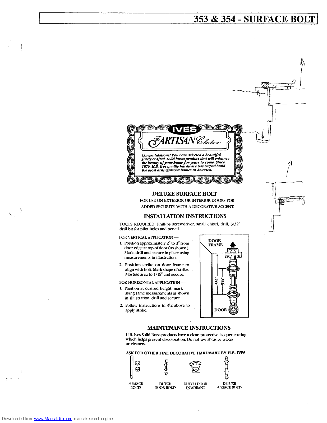 Ives Surface Bolt 353, Surface Bolt 354, 353, 354 Installation Instructions Manual