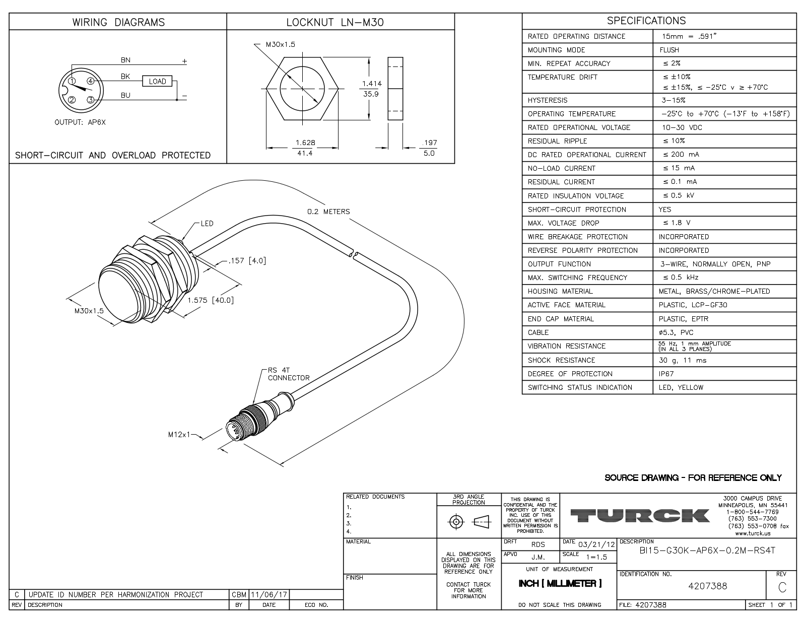 Turck BI15-G30K-AP6X-0.2-RS4T Data Sheet