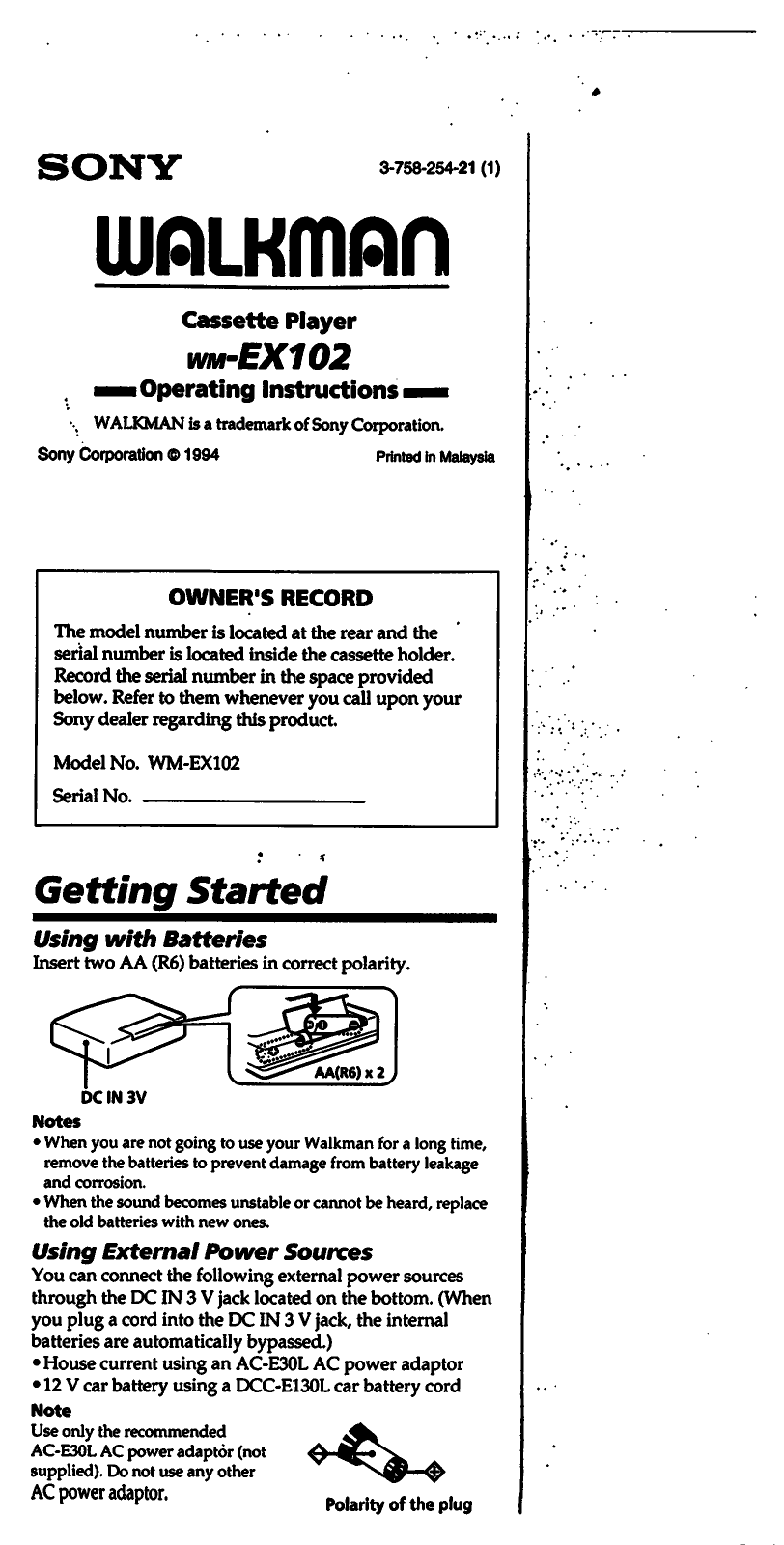 Sony WM-EX102 User Manual