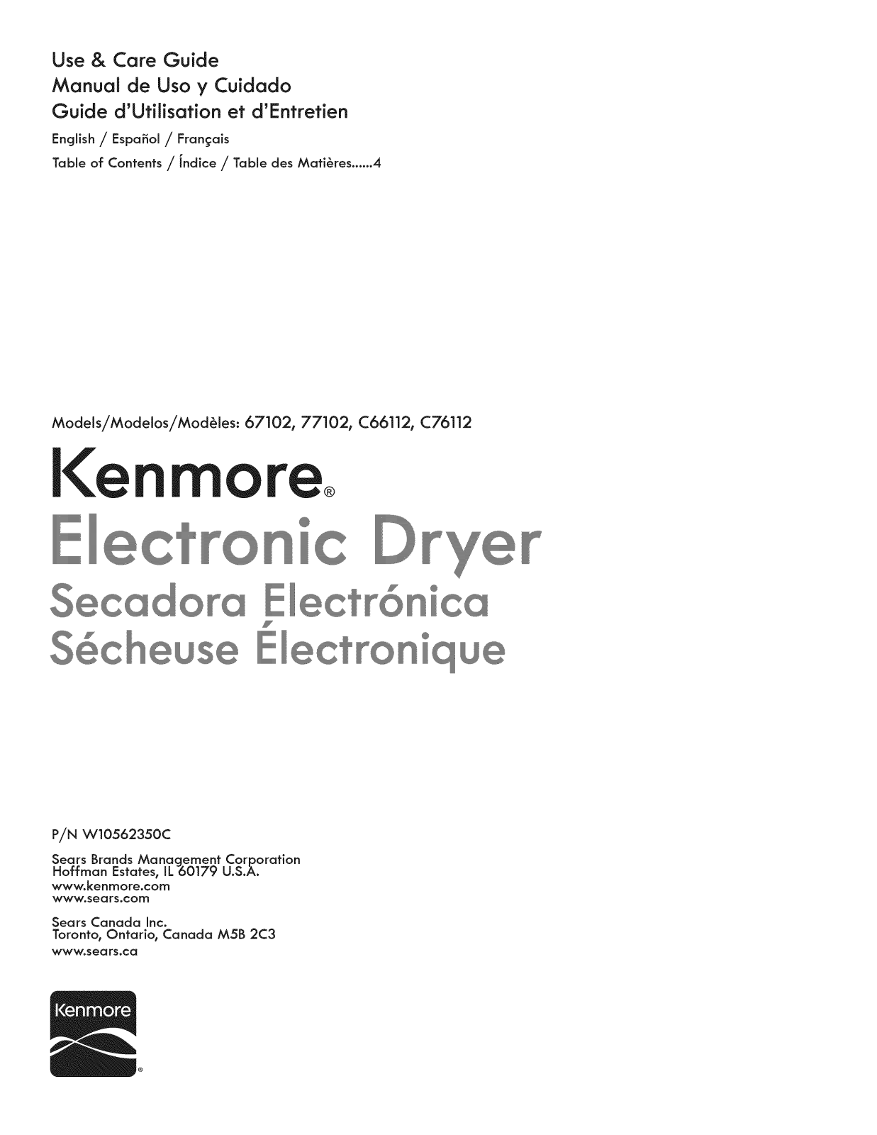 Kenmore 110C76112310, 110C66112310, 11077102310, 11067102310 Owner’s Manual