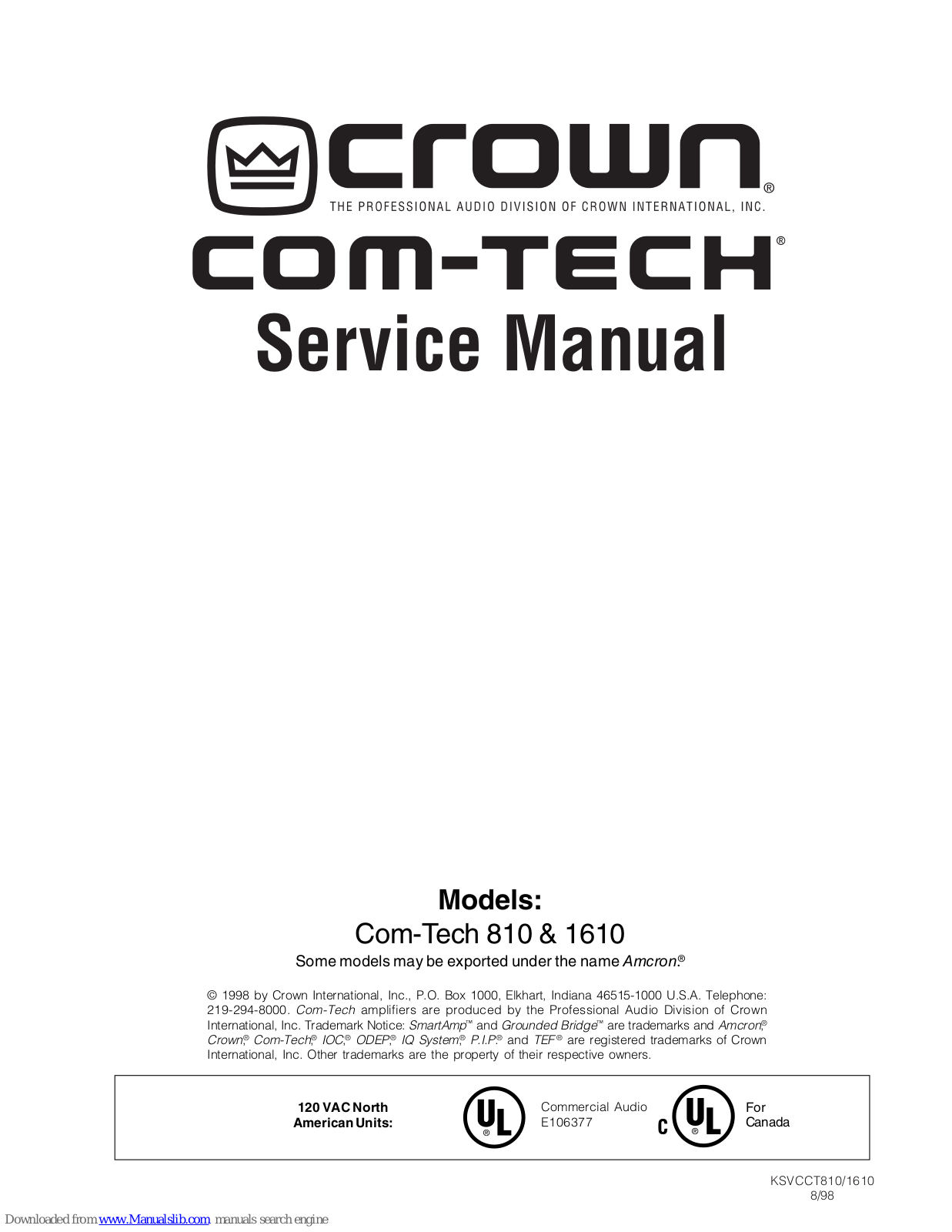 Crown Com-Tech CT-1610, Com-Tech CT-810, Com-Tech 810, Com-Tech 1610 Service Manual - ManualMachine.com