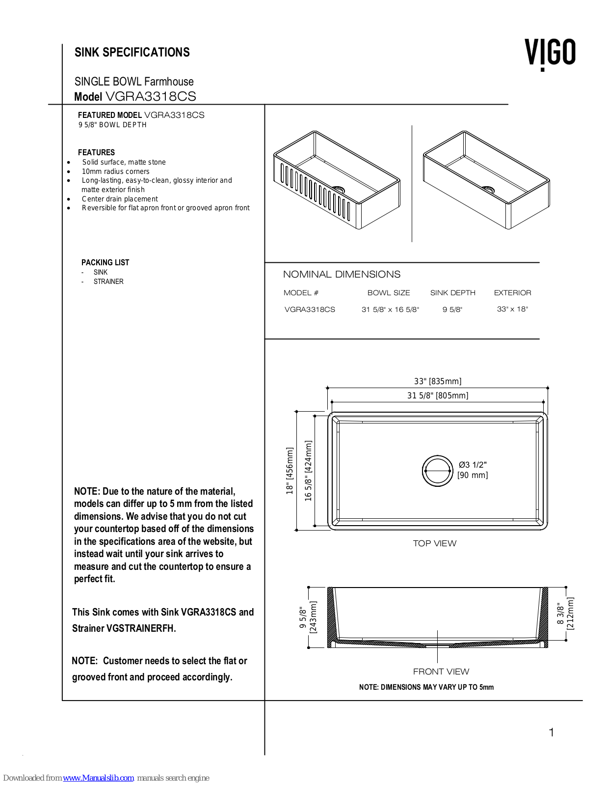 VIGO VGRA3318CS Installation Instructions Manual