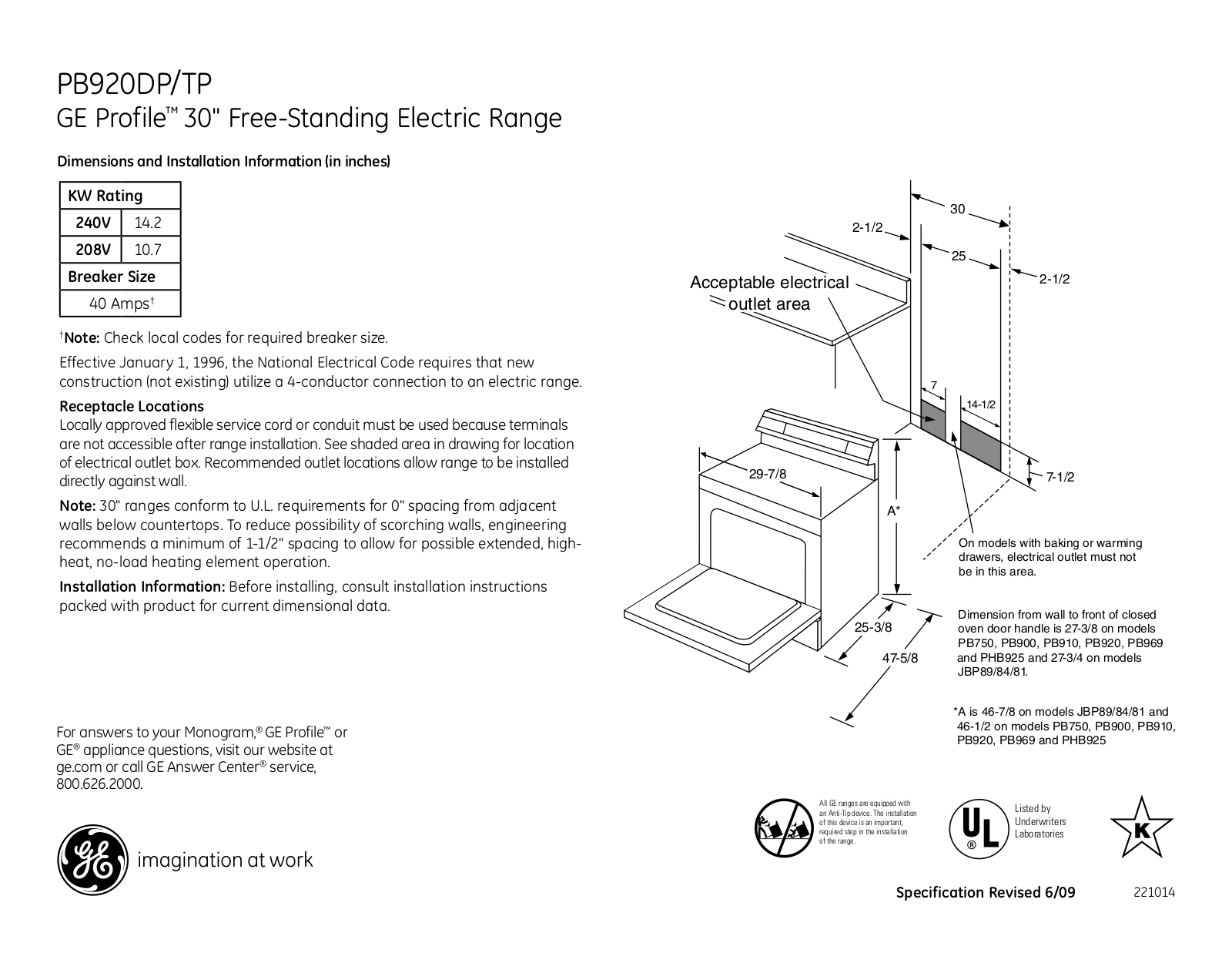 General Electric PB920DPBB User Manual