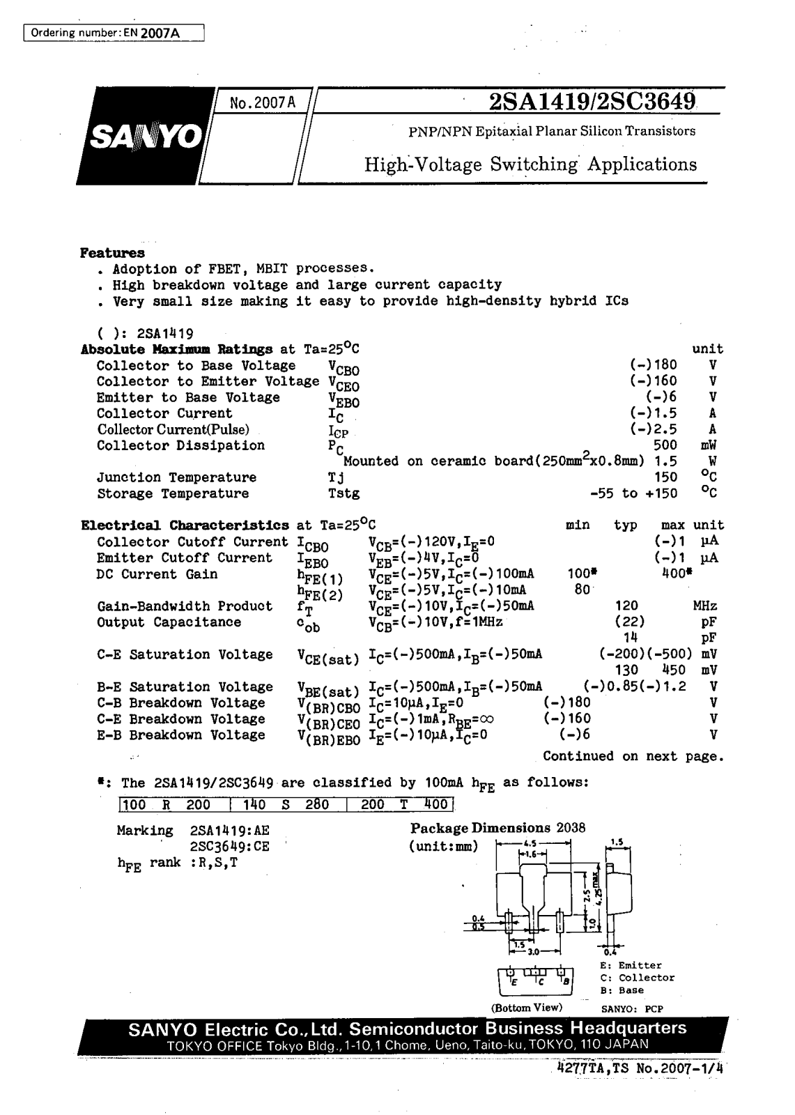 SANYO 2SC3649, 2SA1419 Datasheet