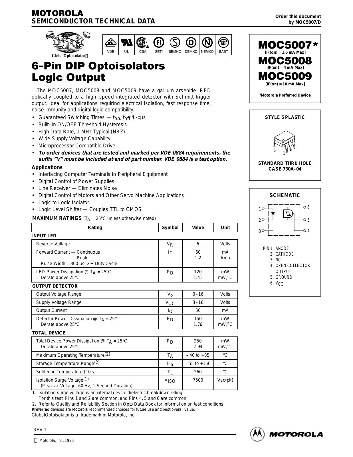 Motorola MOC5009, MOC5008, MOC5007 Datasheet