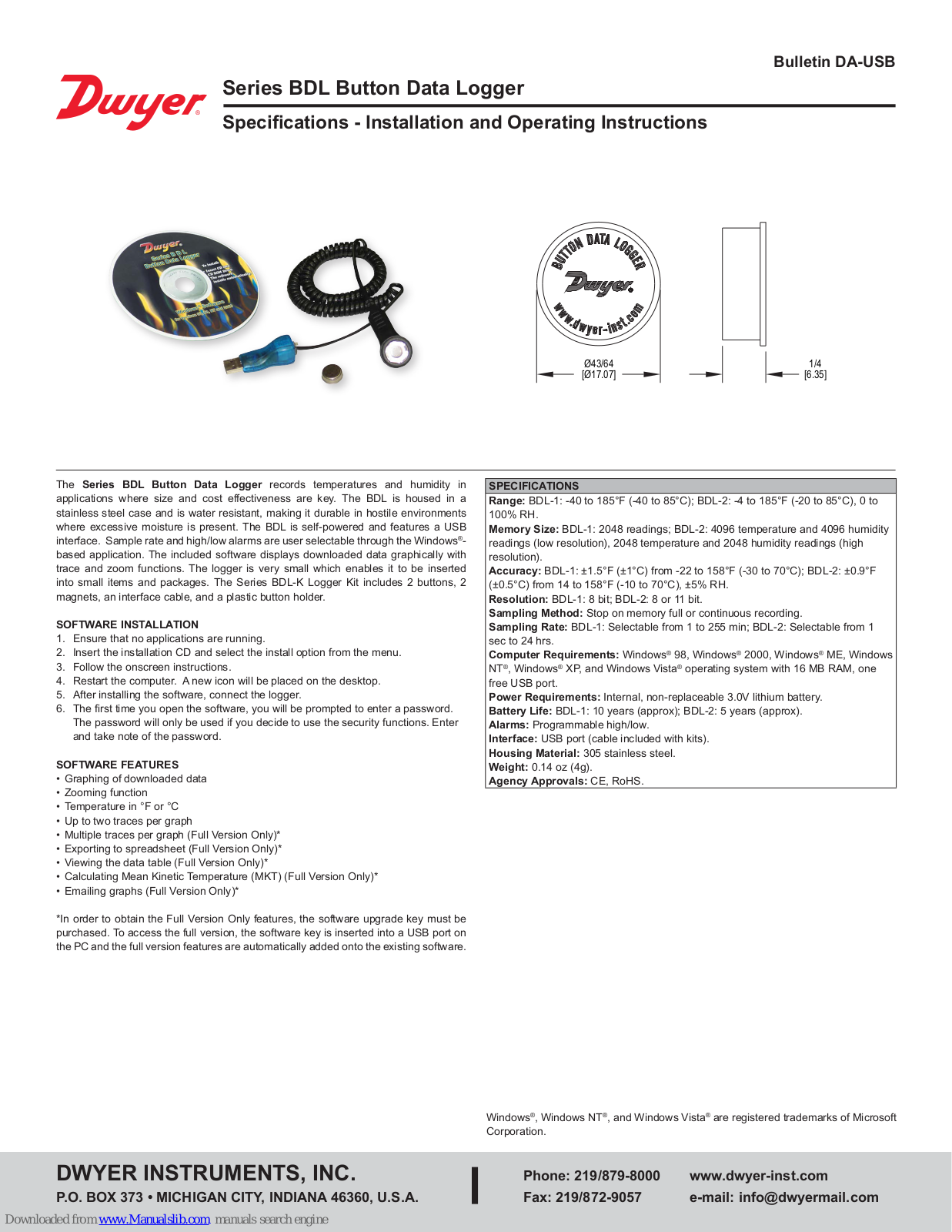 Dwyer Instruments BDL-1, BDL-2 Specifications-installation And Operating Instructions