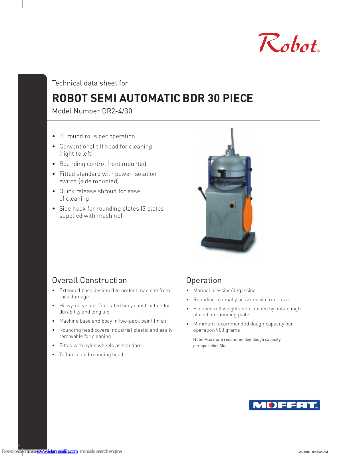 Moffat Robot Semi Automatic BDR 30 Piece DR2-4/30 Technical Data Sheet