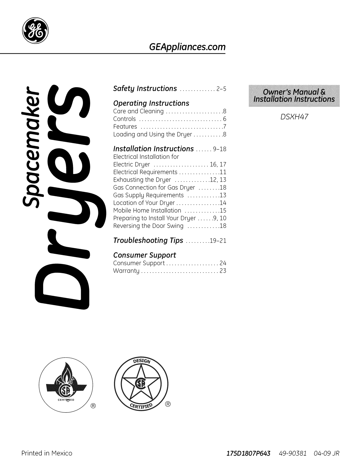 GE DSXH47GG3WW, DSXH47GG2WW Owner’s Manual
