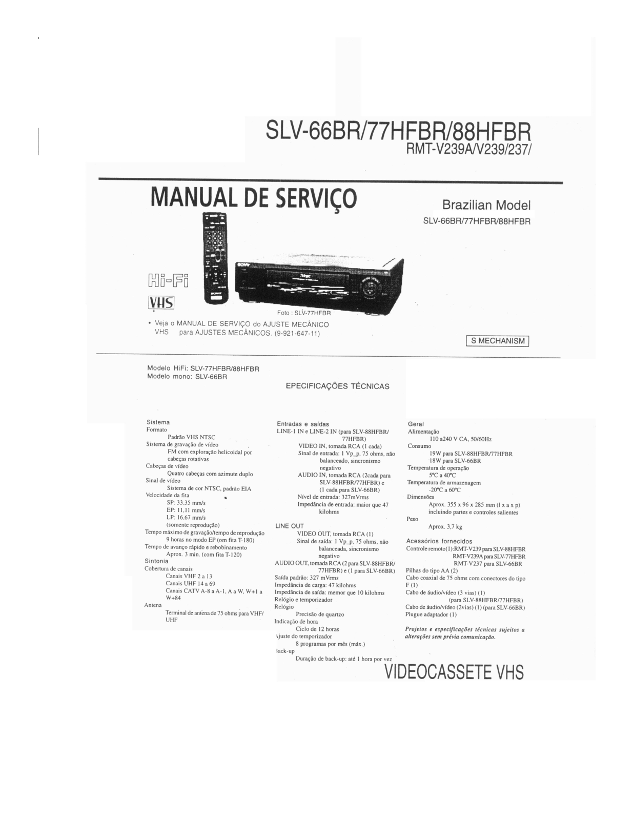 SONY SLV-66BR, SLV-77HFBR, SLV-88HFBR Service Manual
