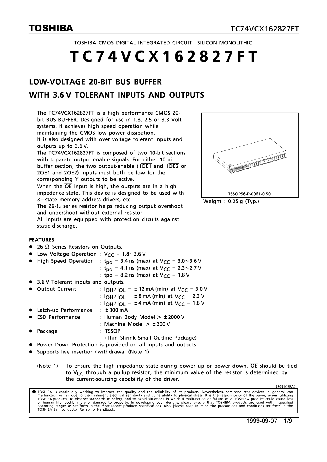 Toshiba TC74VCX162827FT Datasheet