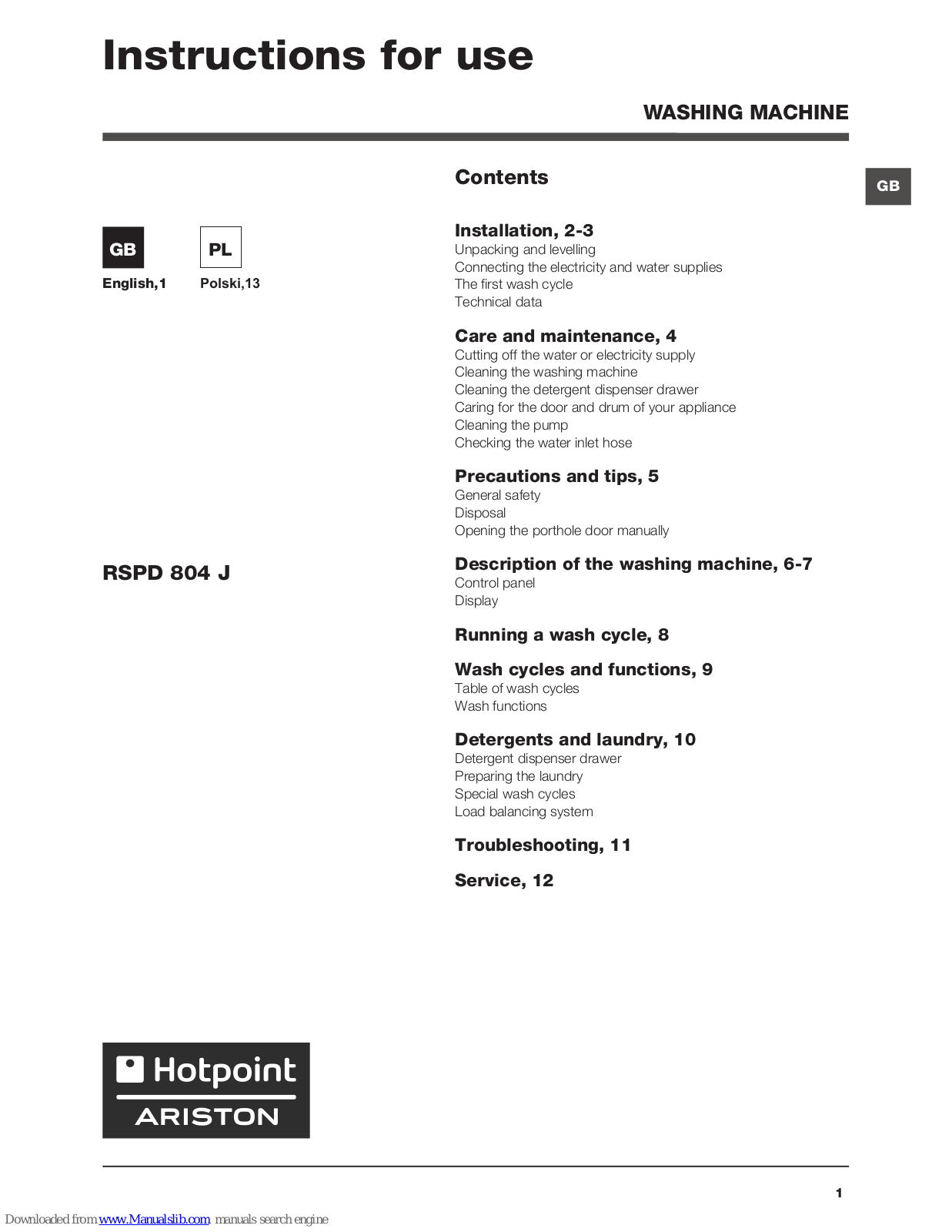 Hotpoint Ariston RSPD 804 J Instructions For Use Manual