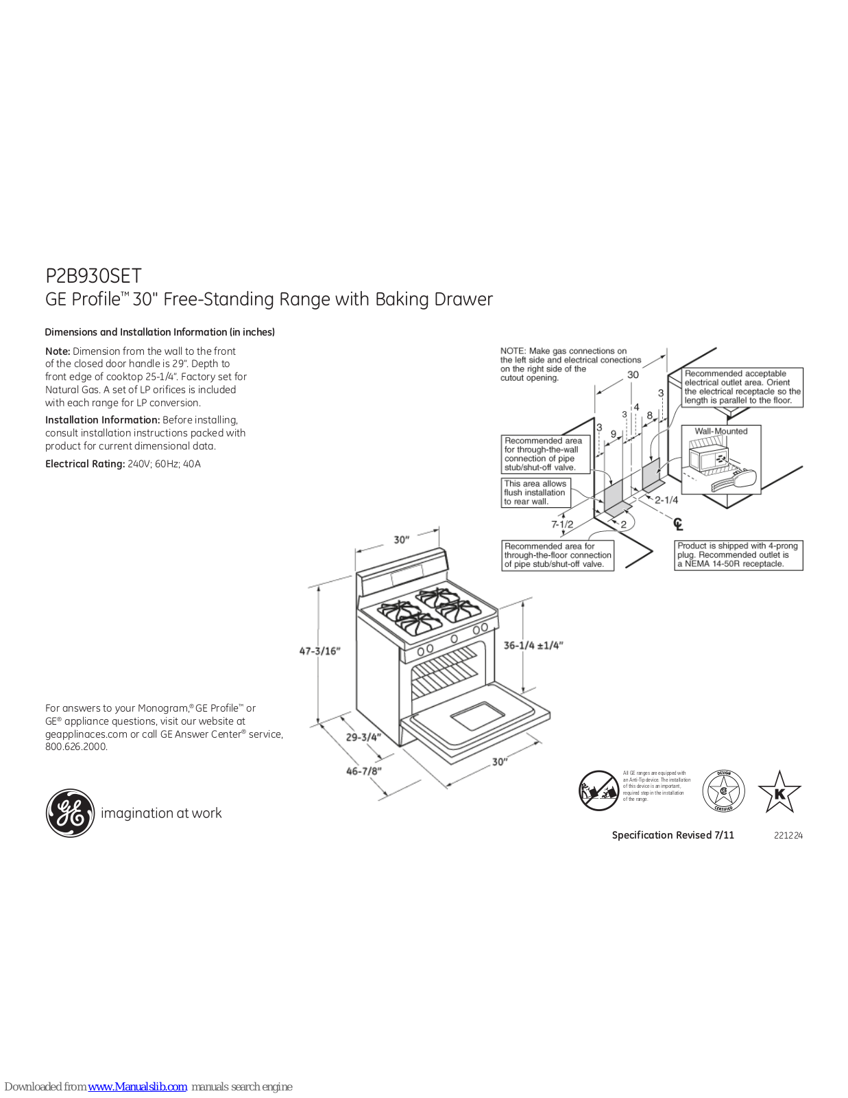 GE Profile P2B930SETSS, Profile P2B930SET Dimensions And Installation Information