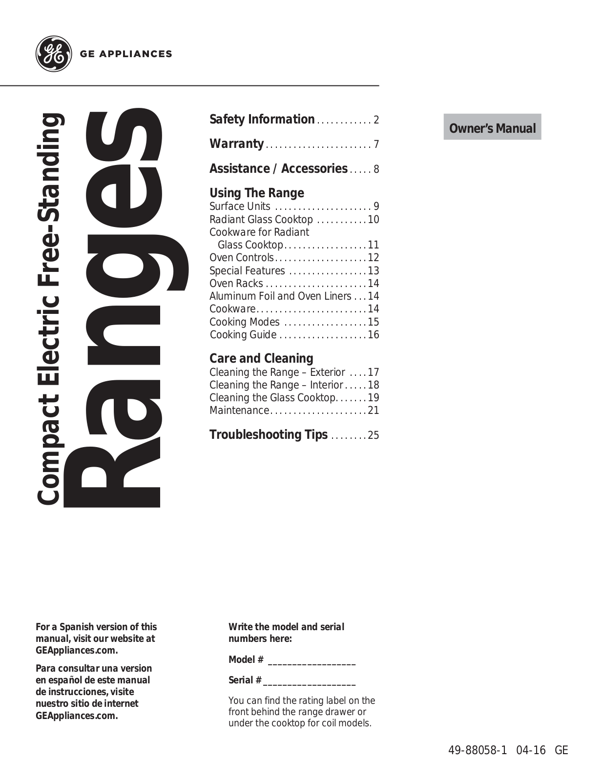 GE JA624RN3SS, JA624RN2SS, JA624RN1SS Owner’s Manual