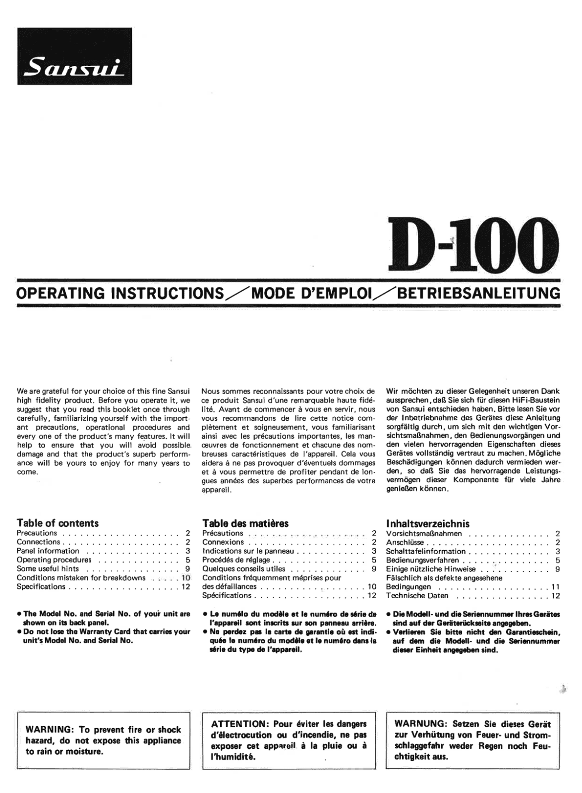 Sansui D-100 Owners manual