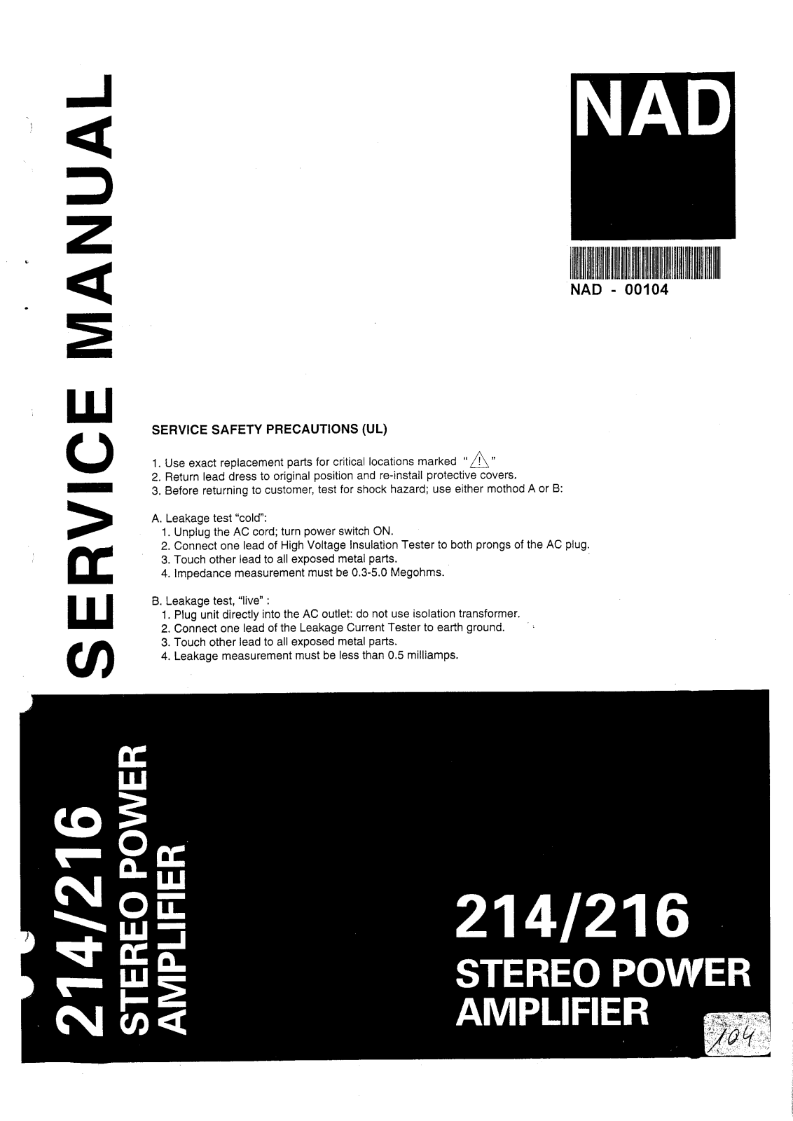 Nad 216 THX Power Service Manual