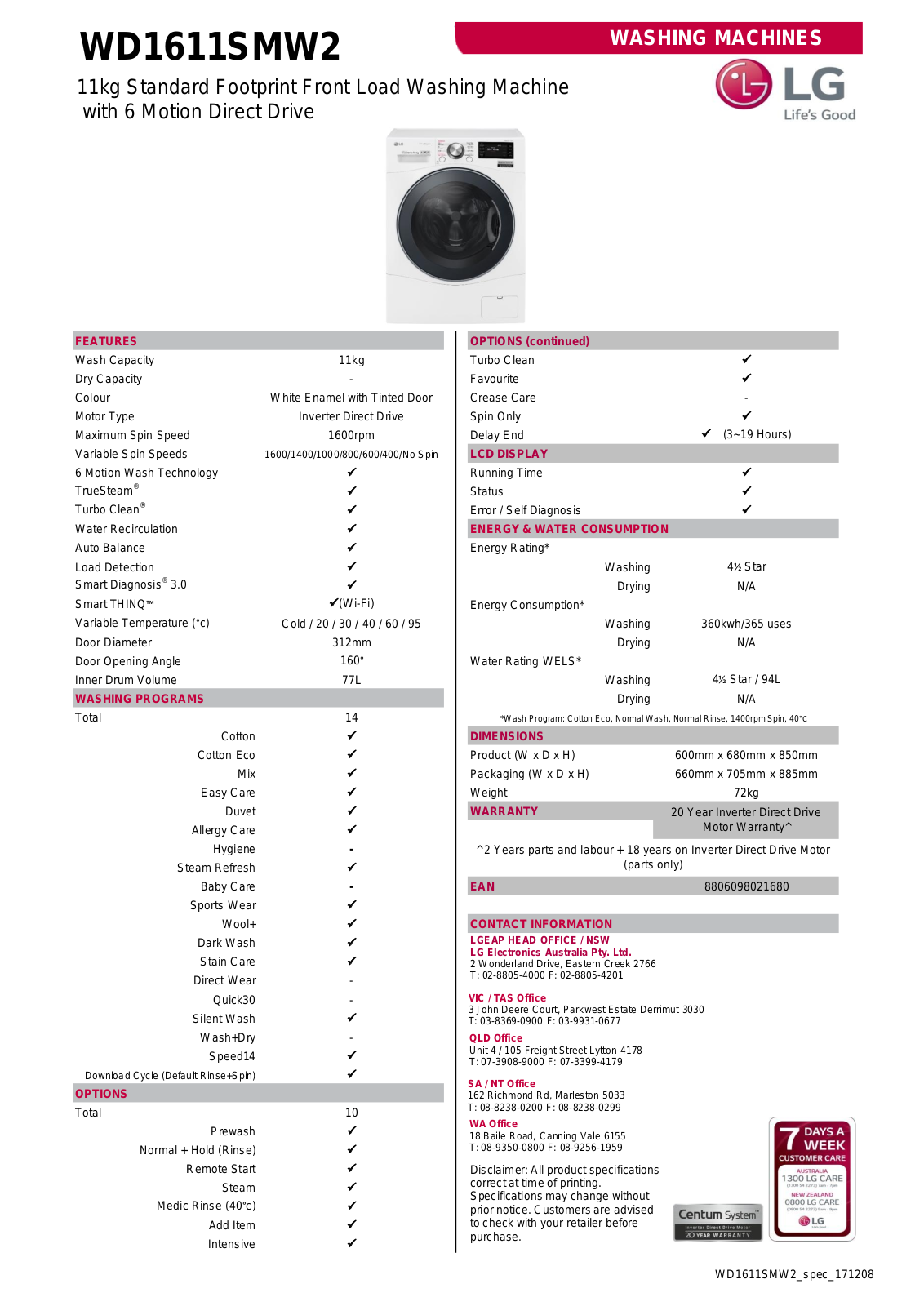 LG WD1611SMW2 Specifications Sheet