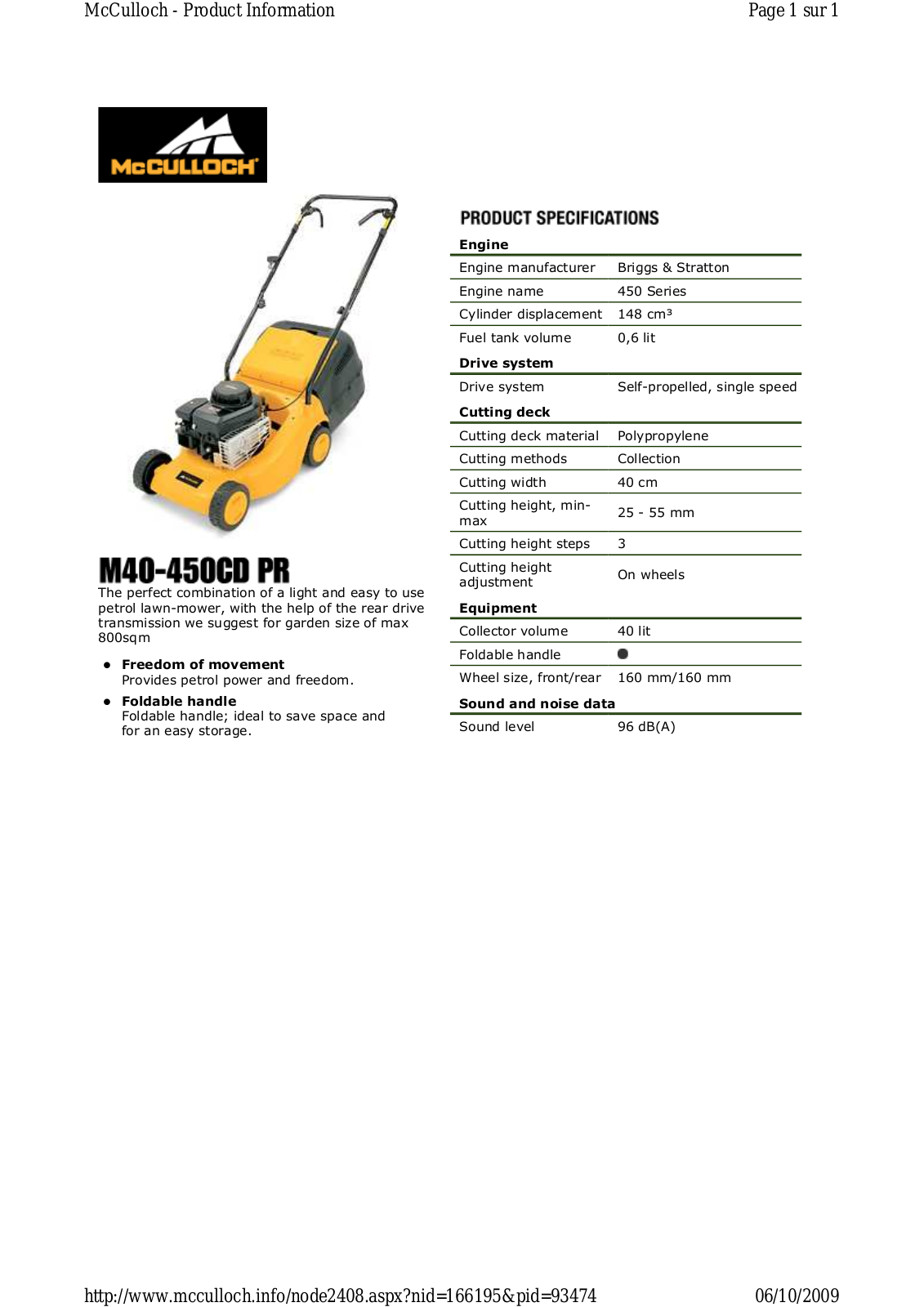 Mc culloch M40-450CD PR TECHNICAL SPECIFICATIONS - ManualMachine.com