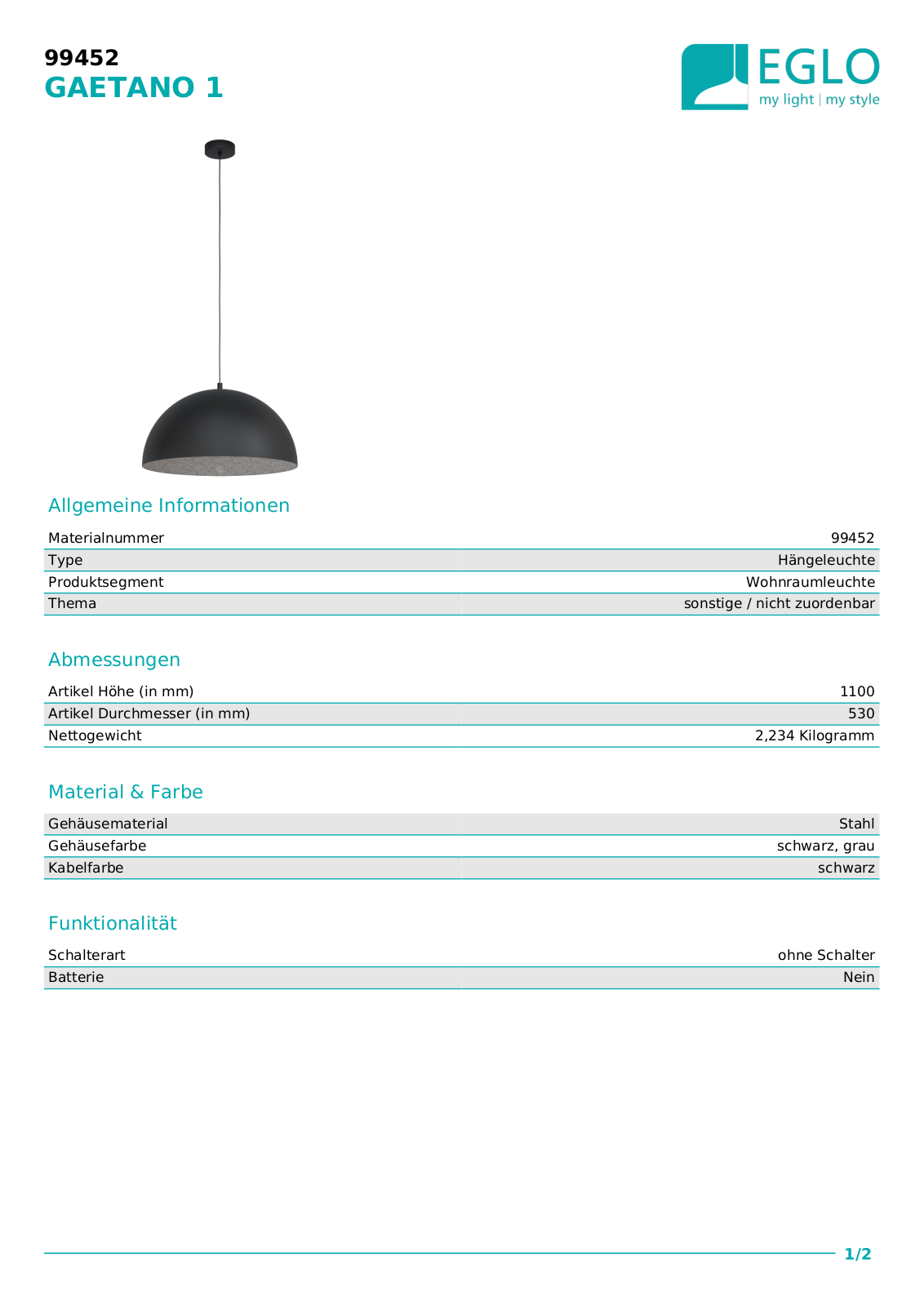 Eglo 99452 Technical data