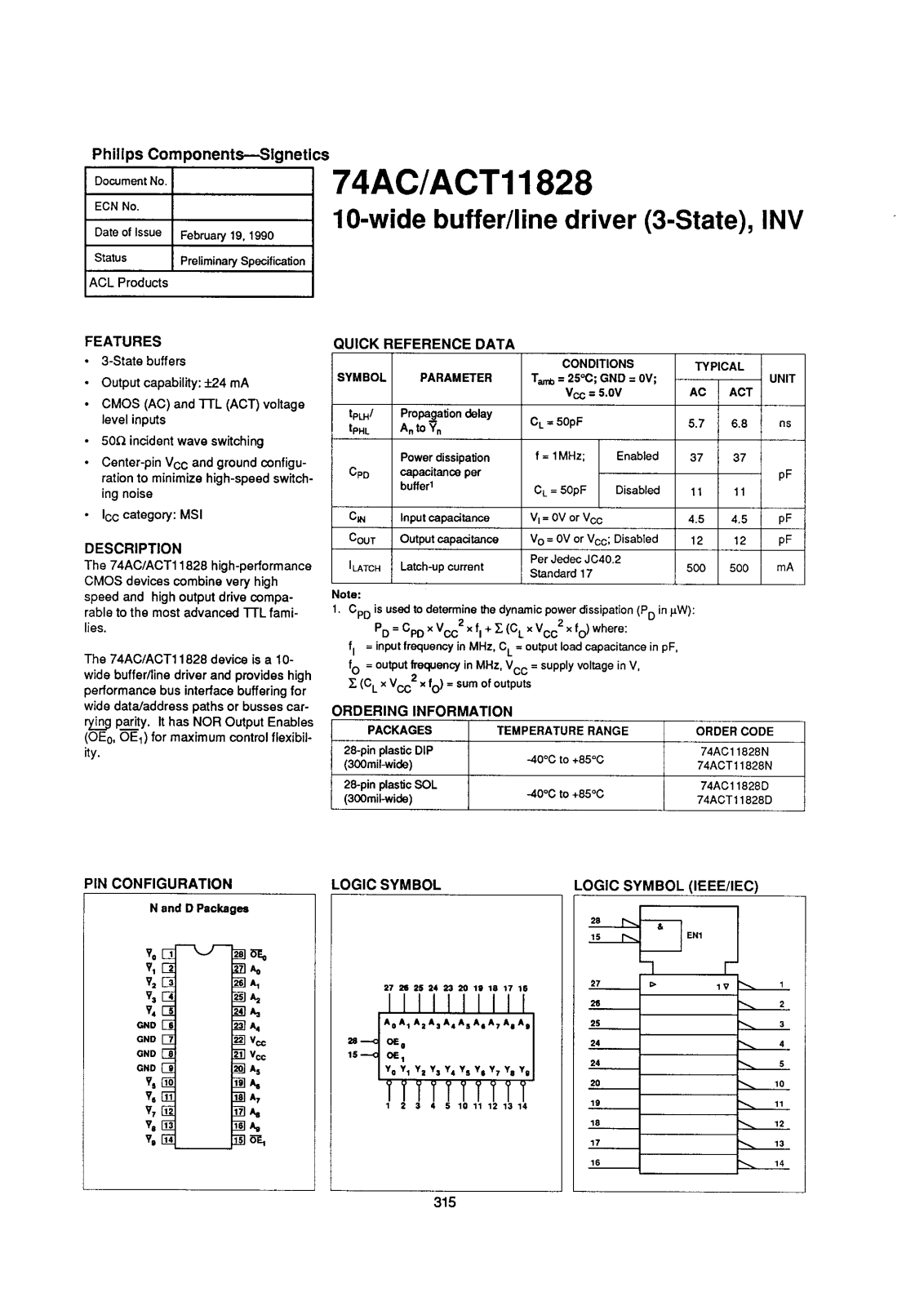 Philips 74ACT11828N, 74ACT11828D, 74AC11828N, 74AC11828D Datasheet