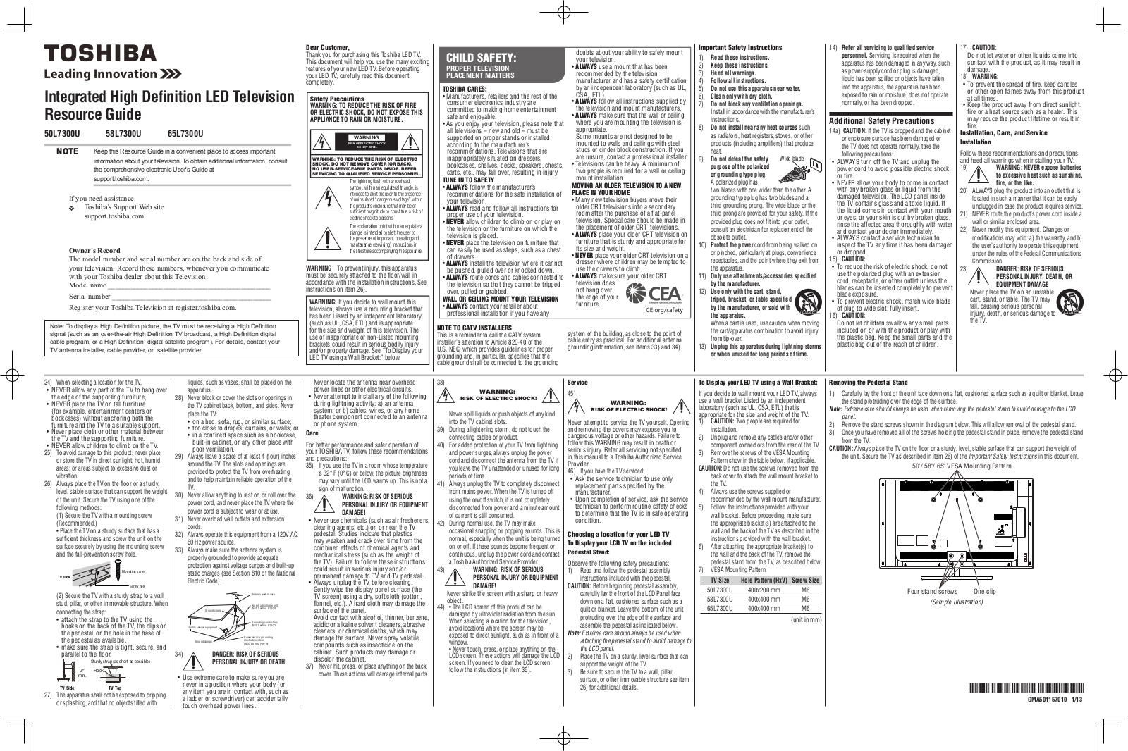 Toshiba 50L7300U, 50L7300UM, 58L7300U, 58L7300UM, 65L7300U Resource Manual