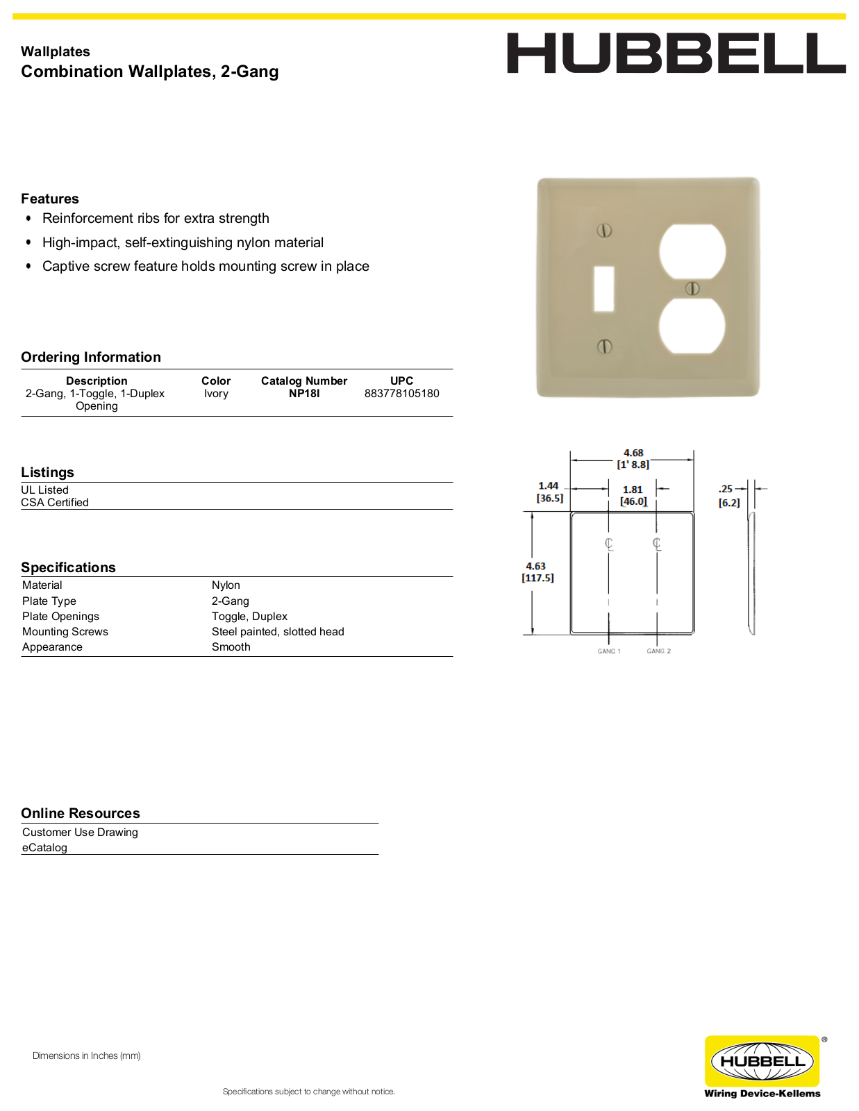 Hubbell NP18I Specifications