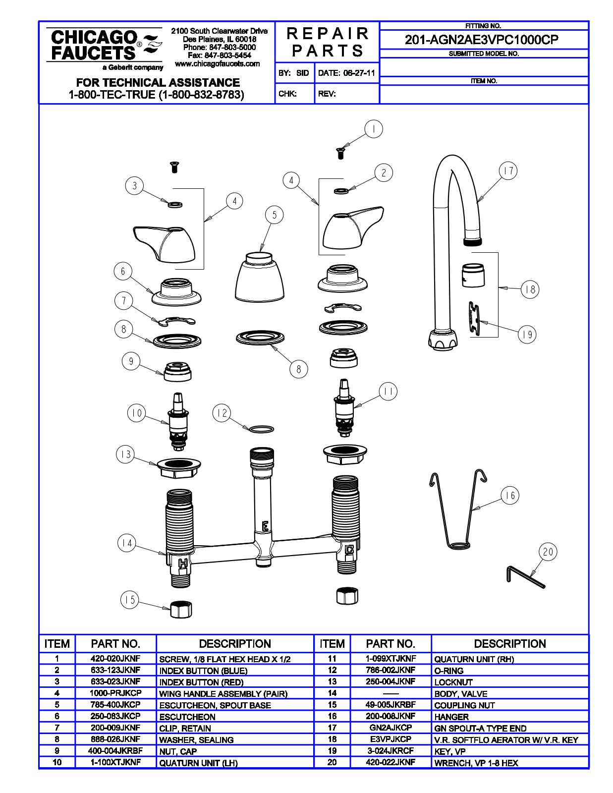 Chicago Faucet 201-AGN2AE3VPC1000CP Parts List