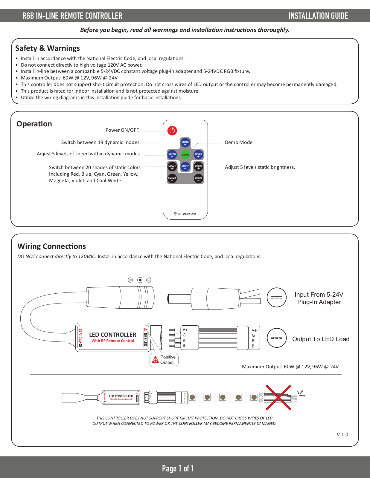 Diode LED RGB Inline Remote LED Controller User Manual