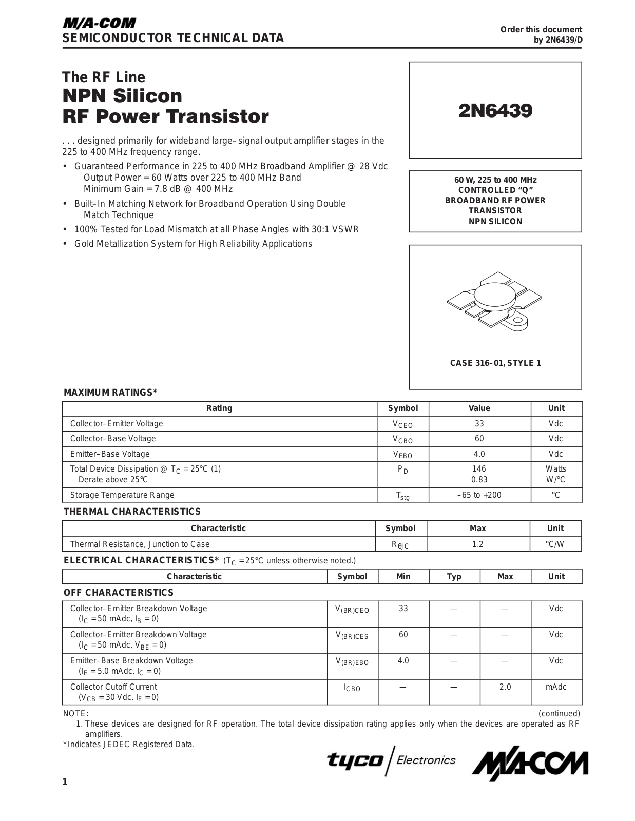 M A COM   manufacturer of RF 2N6439 Datasheet