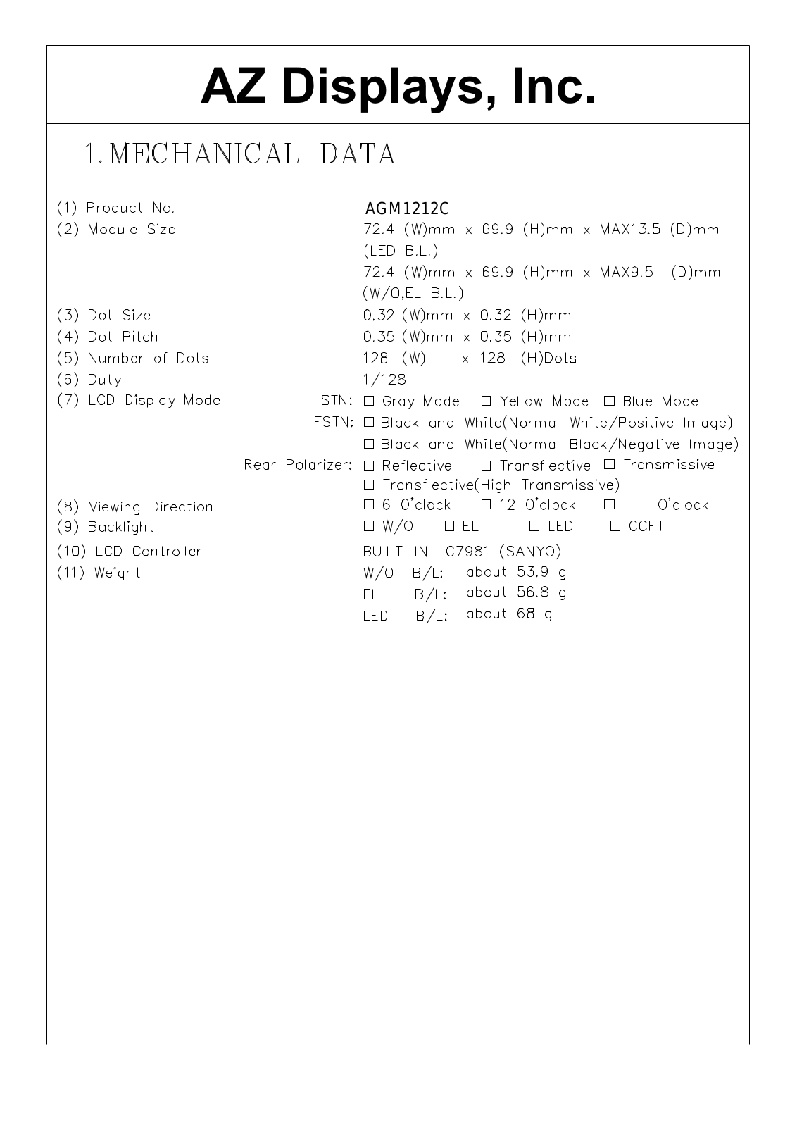 AZDIS AGM1212C-RLYTW-T, AGM1212C-RLYTS-T, AGM1212C-RLYTH-T, AGM1212C-RLGTD-T, AGM1212C-RLGBW-T Datasheet