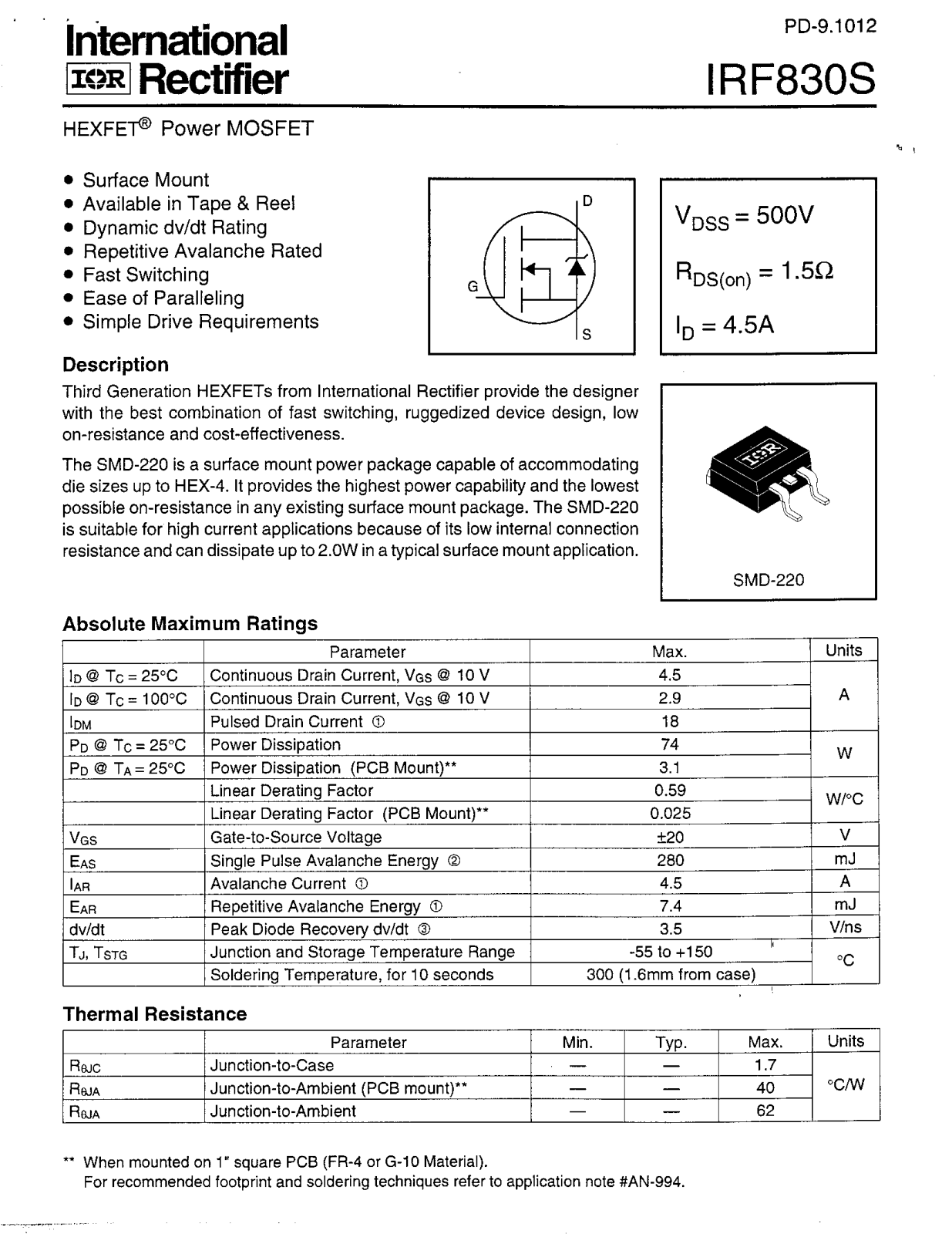 International Rectifier IRF830S Datasheet