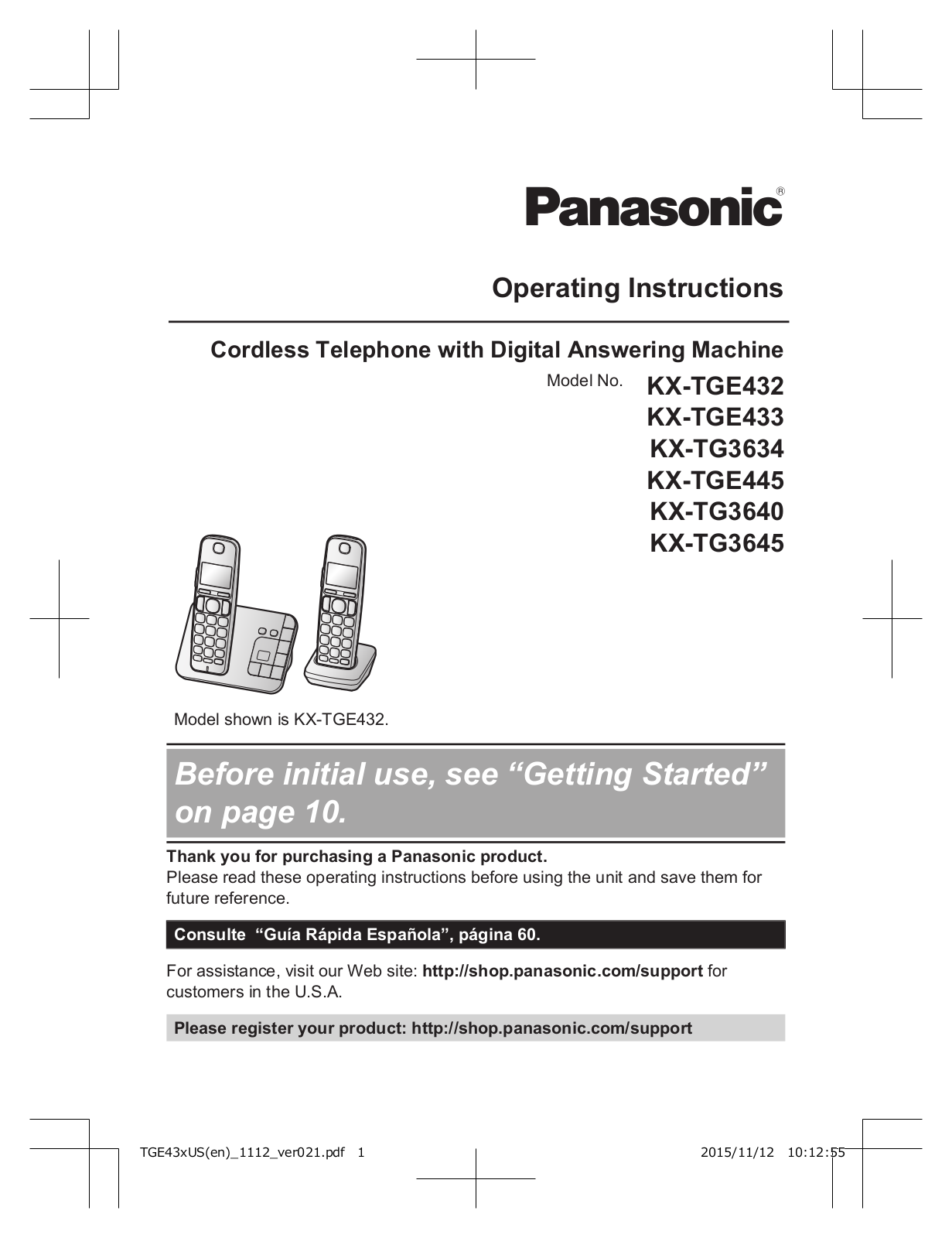 Panasonic KX-TG3634, KX-TGE445, KX-TG3645 Operating Instructions