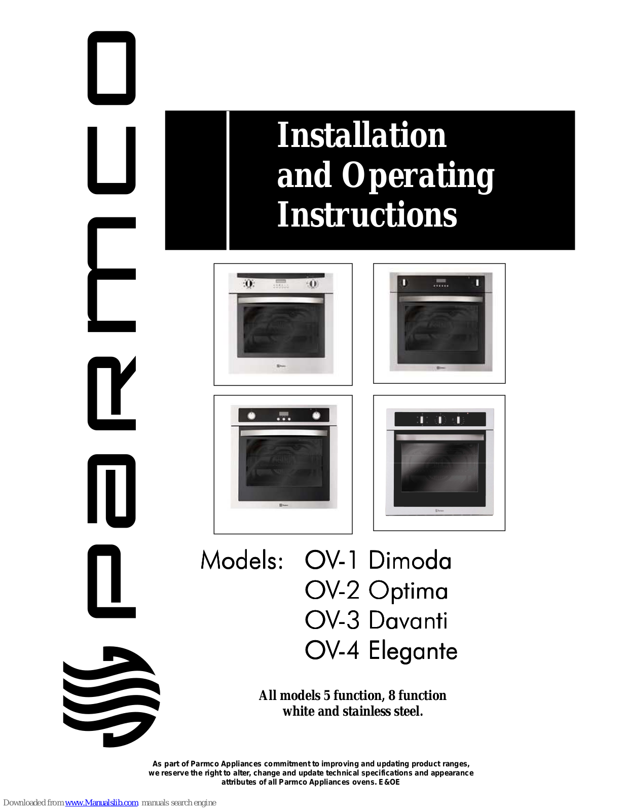 Parmco OV-1 Dimoda, OV-2 Optima, OV-3 Davanti, OV-4 Elegante Installation And Operating Instructions Manual