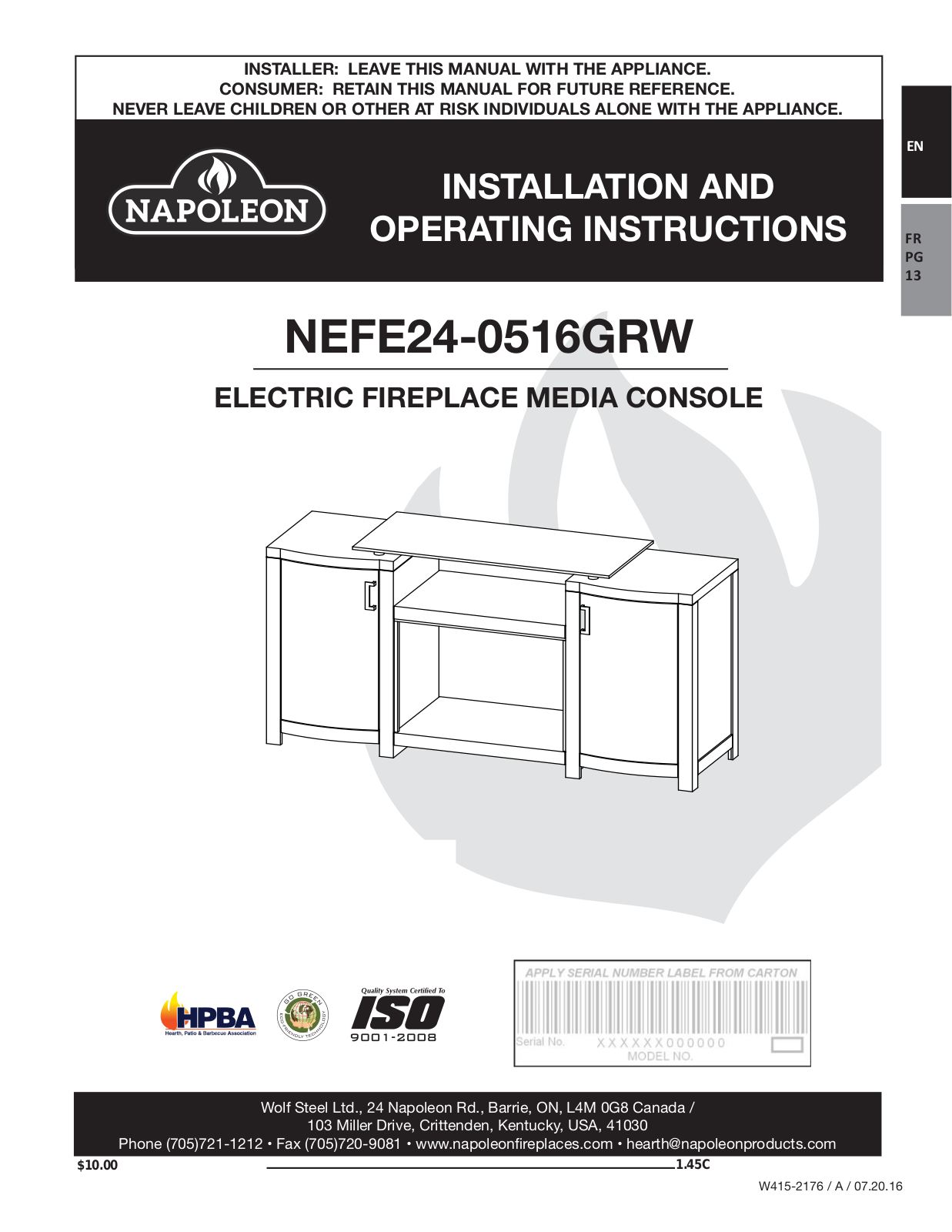 Napoleon NEFP240516GRW User Manual