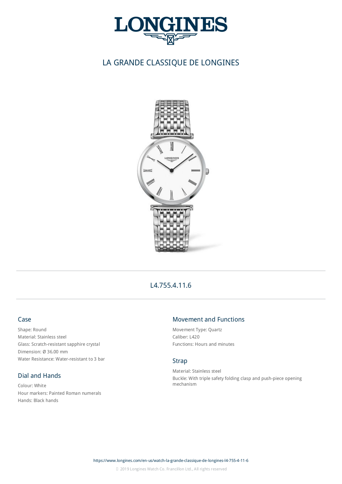 Longines L47554116 Specification Sheet - ManualMachine.com