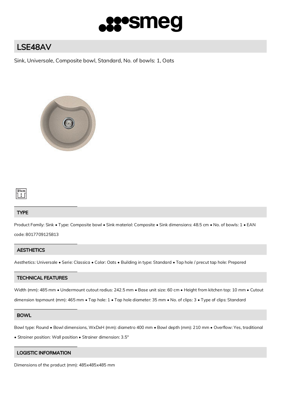 Smeg LSE48AV Technical sheet