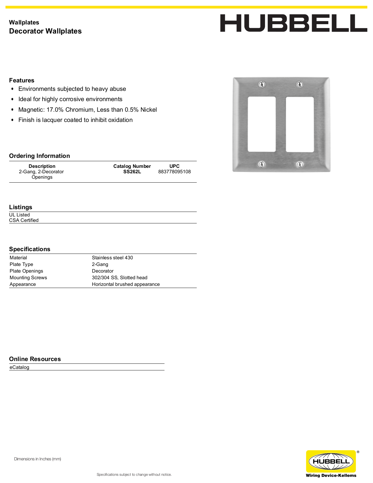 Hubbell SS262L Specifications