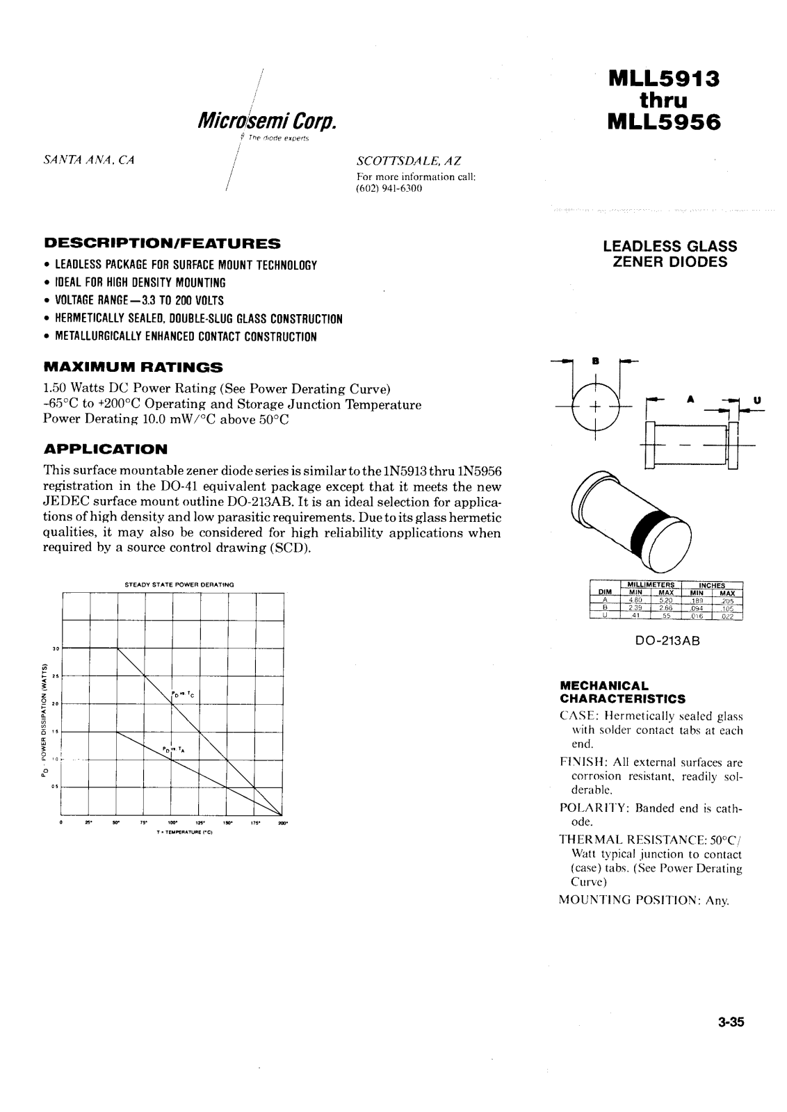 Microsemi Corporation MLL5956C, MLL5956D, MLL5956B, MLL5940C, MLL5940D Datasheet