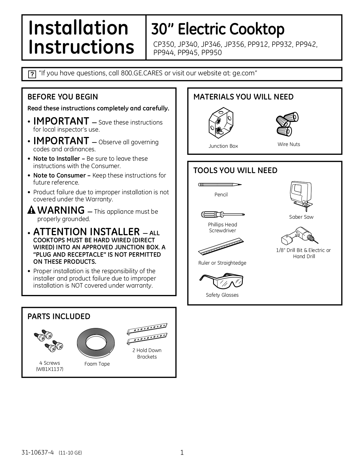 GE CP350, JP340, JP346, JP356, PP912 Installation Instructions