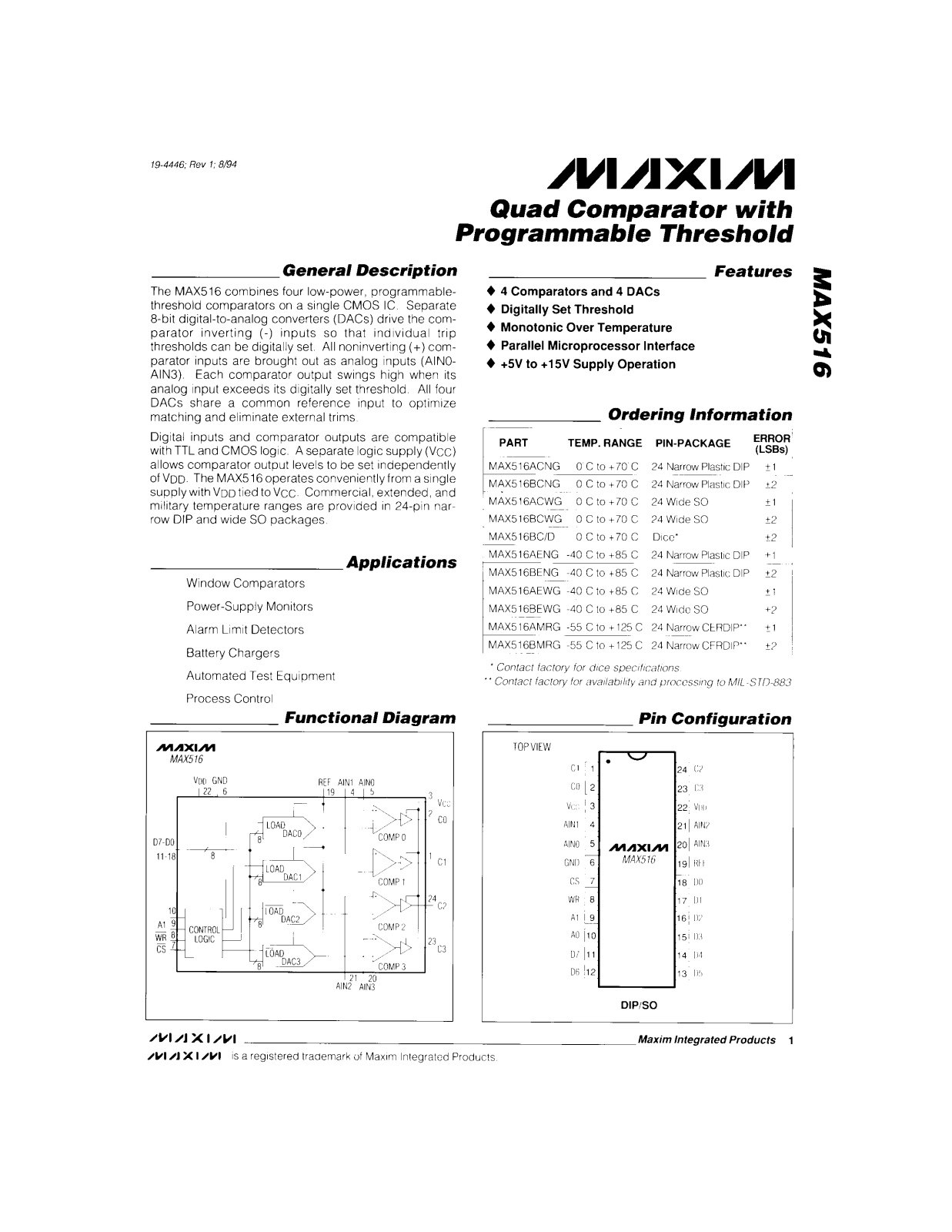 Maxim MAX516BMRG, MAX516BEWG, MAX516BENG, MAX516BCWG, MAX516BC-D Datasheet