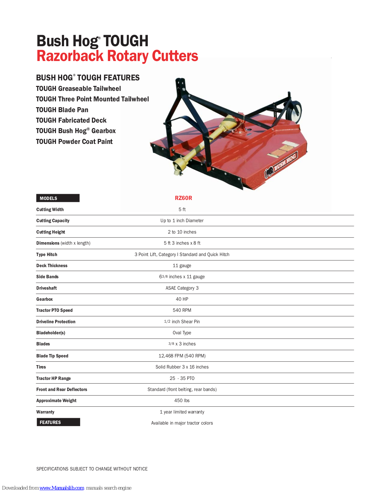 Bush Hog TOUGH RZ60R Specification Sheet