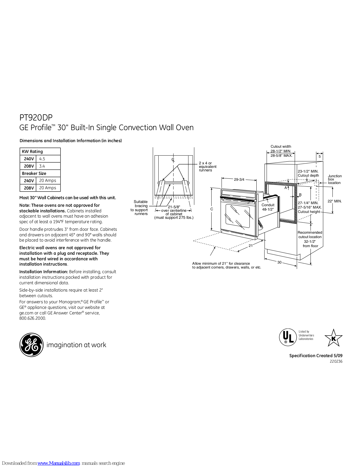 GE Profile PT920DP, Profile PT920DPBB Dimensions And Installation Information