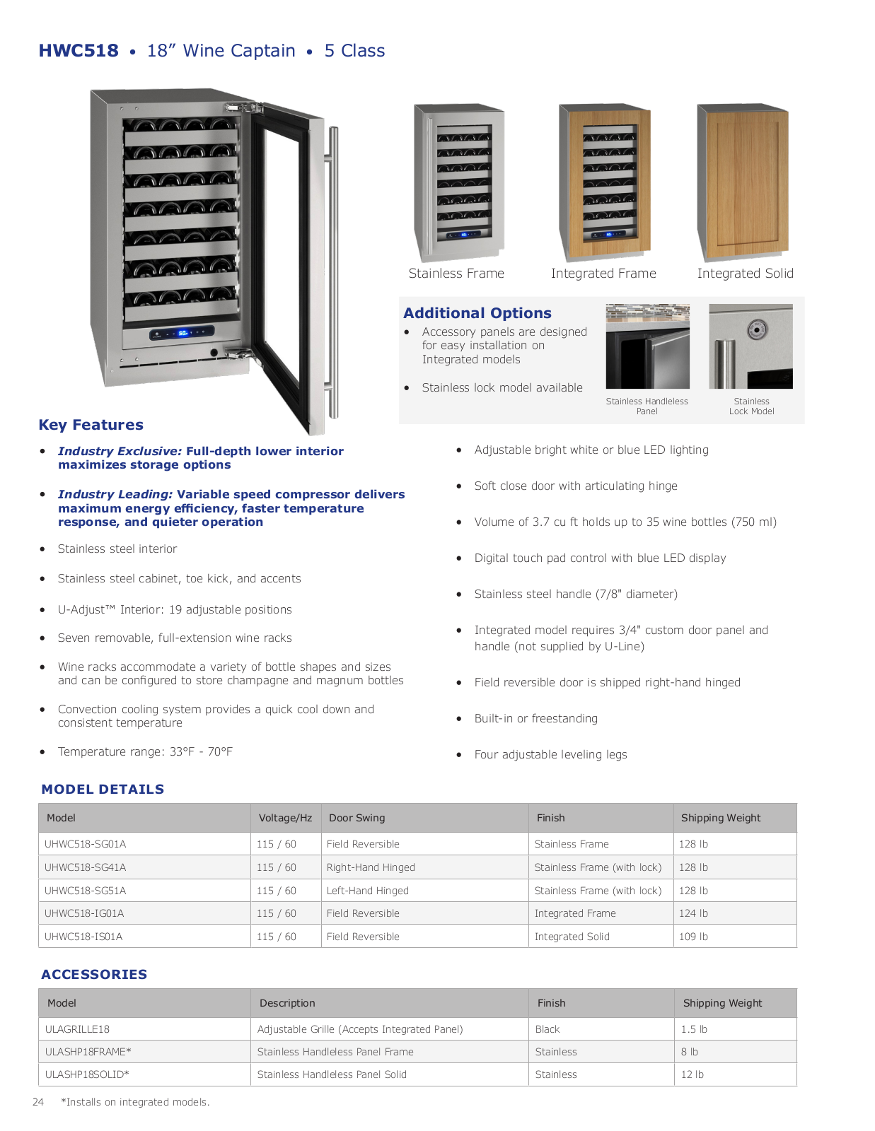 U-Line UHWC518SG51A, UHWC518SG01A Specifications