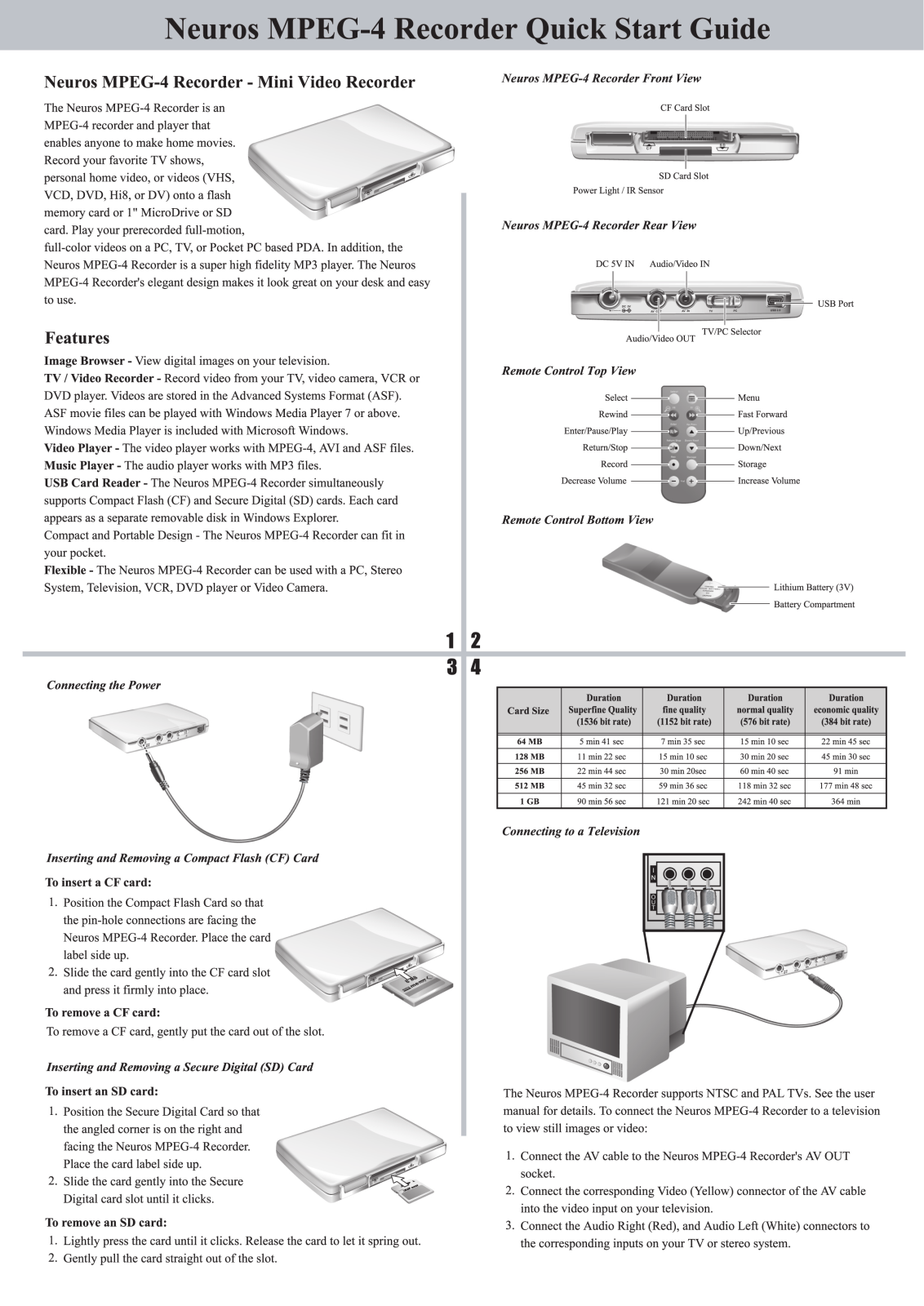 Neuros MPEG4 RECORDER 1 quick start guide