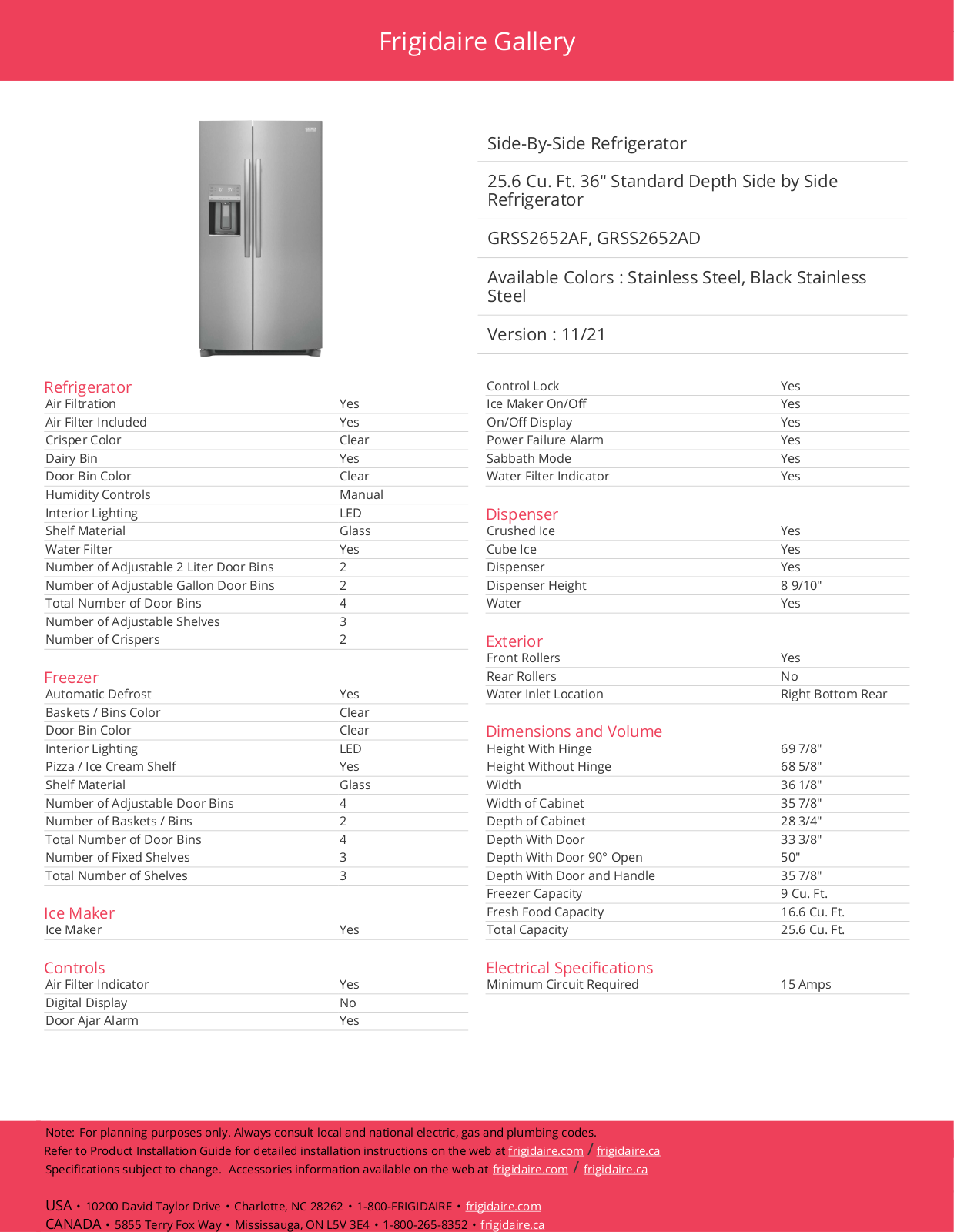 Frigidaire GRSS2652AD Specifications - ManualMachine.com