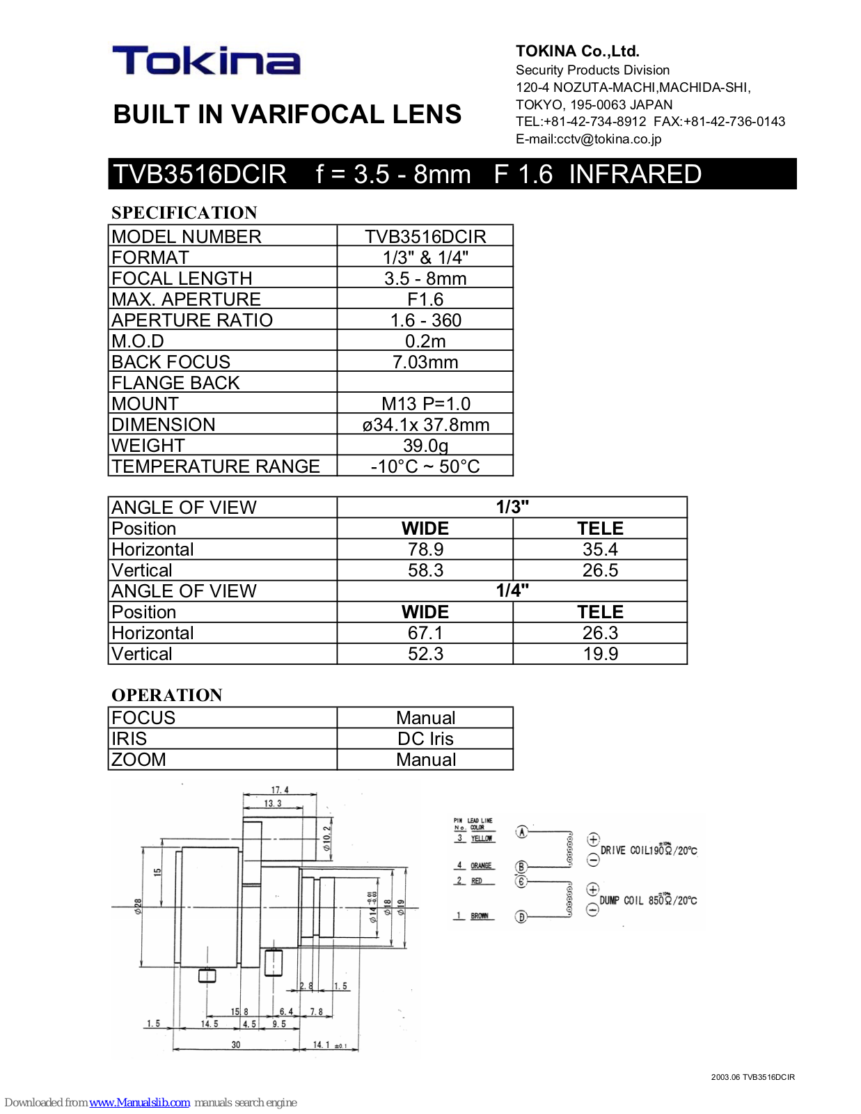 Tokina BUILT IN VARIFOCAL LENS TVB3516DCIR Specification