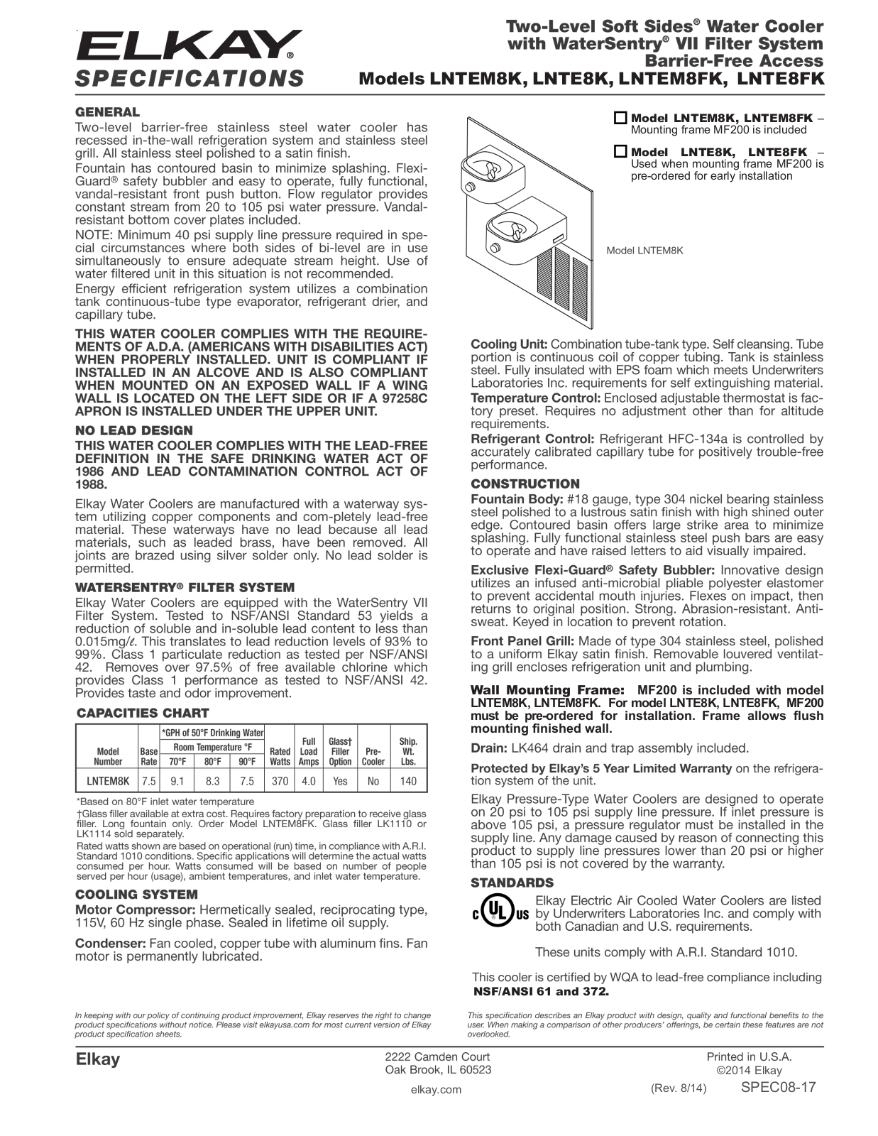 Elkay LNTEM8FK Specifications