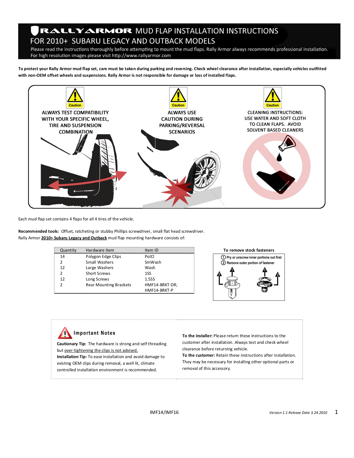 Rally Armor 10-14 Subaru Outback User Manual