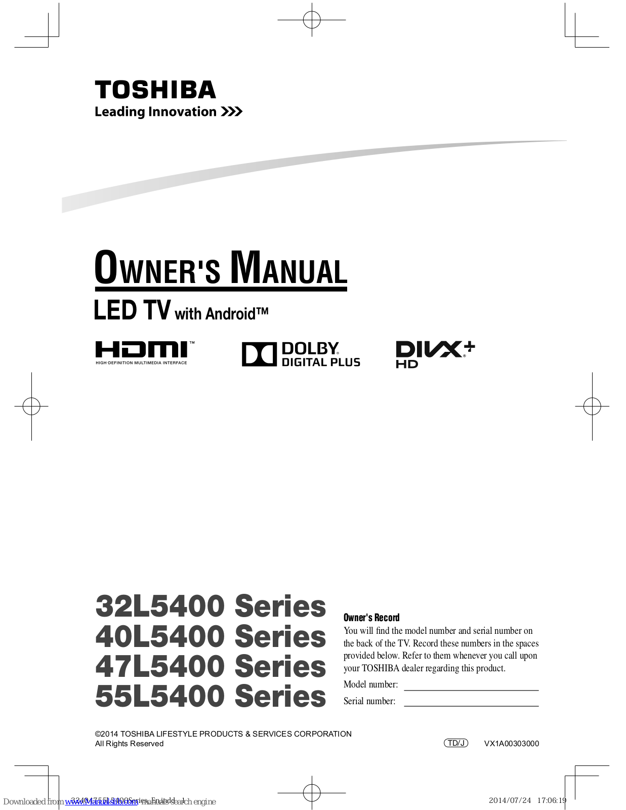 Toshiba 32L5400 Series, 40L5400 Series, 47L5400 Series, 55L5400 Series Owner's Manual